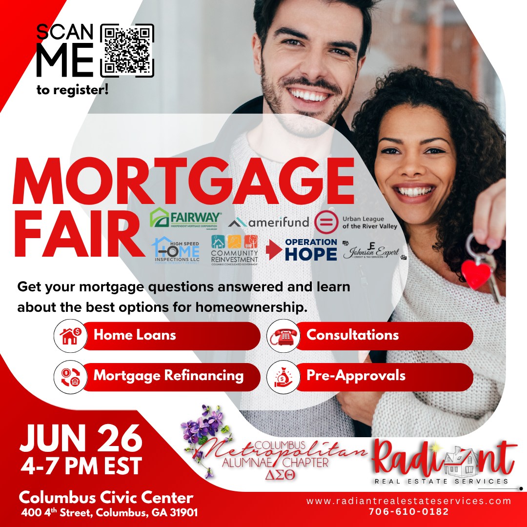 The Columbus Metropolitan Alumnae in partnership with Radiant Real Estate is hosting a Mortgage Fair along with Fairway Independent Mortgage Company, Amerifund, Urban League of the River Valley, High Speed Home Inspections, LLC, Columbus Consolidated Government Community Reinvestment, Operation Hope, and Johnson Expert Credit and Tax Services. Pursuing homeownership can be stressful process but with the right tools can be manageable. Learn how to position yourself to refinance a mortgage or purchase a home on Thursday, June 26th, 4-7 p.m., Columbus Civic Center, 400 4th St., Columbus, GA 31901. #ForwardWithFortitude #DST1913 #CMACimpact #purposefulpartnerships @southerndst1913 Southern Region of Delta Sigma Theta Sorority, Incorporated