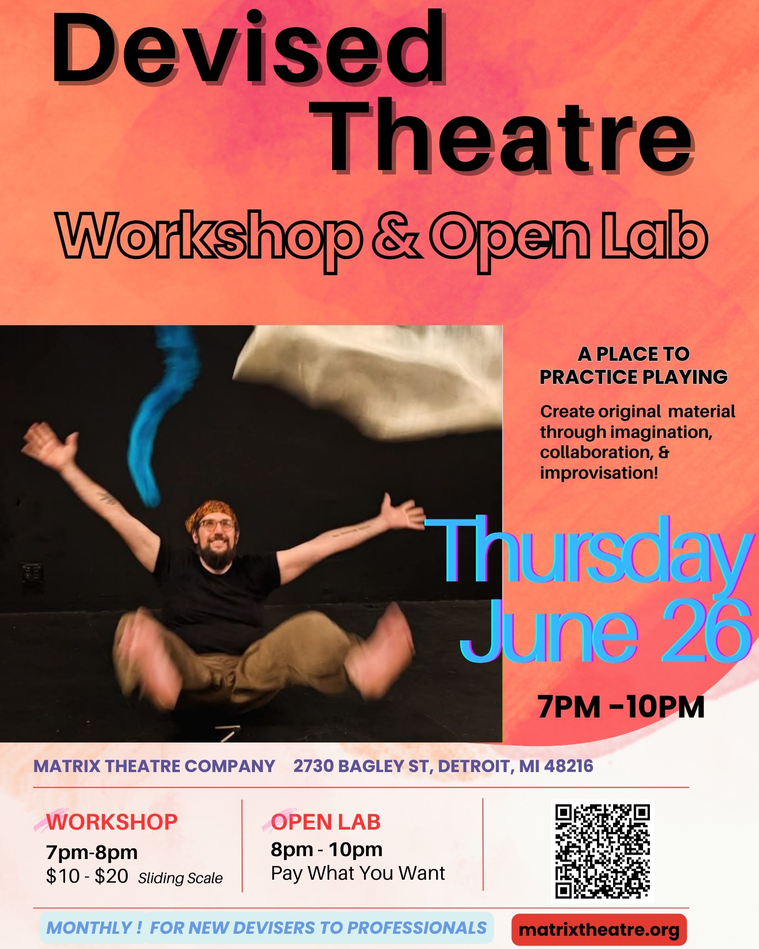 Ready to Create, Collaborate, and Play?
Join us for Devised Theatre Workshop & Open Lab on Thursday, June 26th from 7–10PM at Matrix Theatre Company!
Create through imagination, collaboration & improvisation. Whether you're new to devised theatre or a seasoned performer, this is your space to experiment, move, and make something original! Workshop and Open Lab led by Siena Hassett @siena_lifeismoving
Workshop: 7PM–8PM | Sliding Scale: $10–$20
Open Lab: 8PM–10PM | Pay What You Want
2730 Bagley St, Detroit, MI
LINK In BIO for More Information
Open to ALL levels — from first-timers to professionals.
Come play. Come create. Come be seen.
#DevisedTheatre #DetroitArtists #MatrixTheatreCompany #SouthwestDetroit #OpenLab #TheatreWorkshop #CreateTogether #PlayInProcess