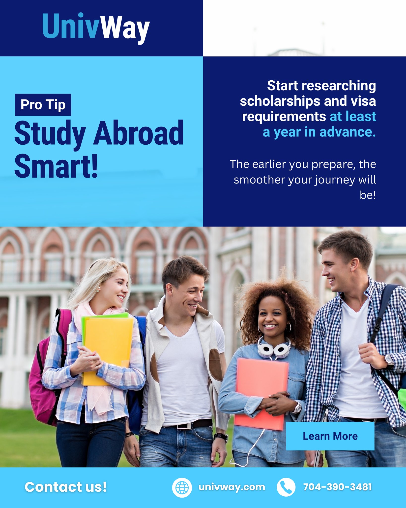 🎓✨ Dreaming of studying abroad?
Here’s your Pro Tip: Start planning early! 🗺️
Research scholarships and visa requirements at least a year in advance — your future self will thank you. 🙌
Get ahead, stay ahead. #StudyAbroadSmart with UnivWay 🌍💼
📲 Ready to begin? Contact us today!
#studyabroad #studyincanada #studyinspiration #university #studyus #studymexico
