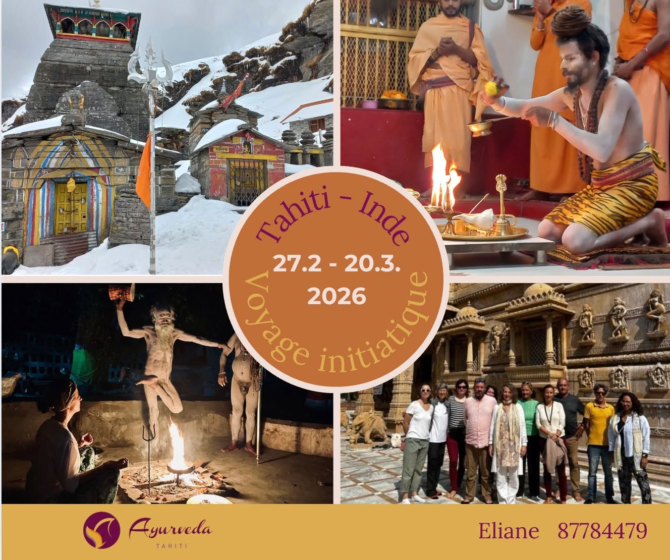 Nous partons de Tahiti a Delhi, puis a l'Himalaya, accompagné par un maître de la sagesse védique.
Itinéraire en résumé:
Détails dans le PDF du programme complet - à la demande
Découverte du Rajaji parc national et Agra (Taj Mahal)
Séjour au pied de l’Himalaya : Rishikesh, Uttarkashi, Gangotri
Visites de temples, grottes, cérémonies sacrées
Rencontres avec des médecins ayurvédiques, sadhus, enseignants spirituels
Randonnées douces, immersion nature, méditation quotidienne, yoga, cercles sacrés
Hébergement en hôtels, ashrams, maisons d’hôtes
Temps de repos et temps pour soi
Tu veux savoir plus? Mp moi!
Nous partons en petit comité - max 12 personnes.