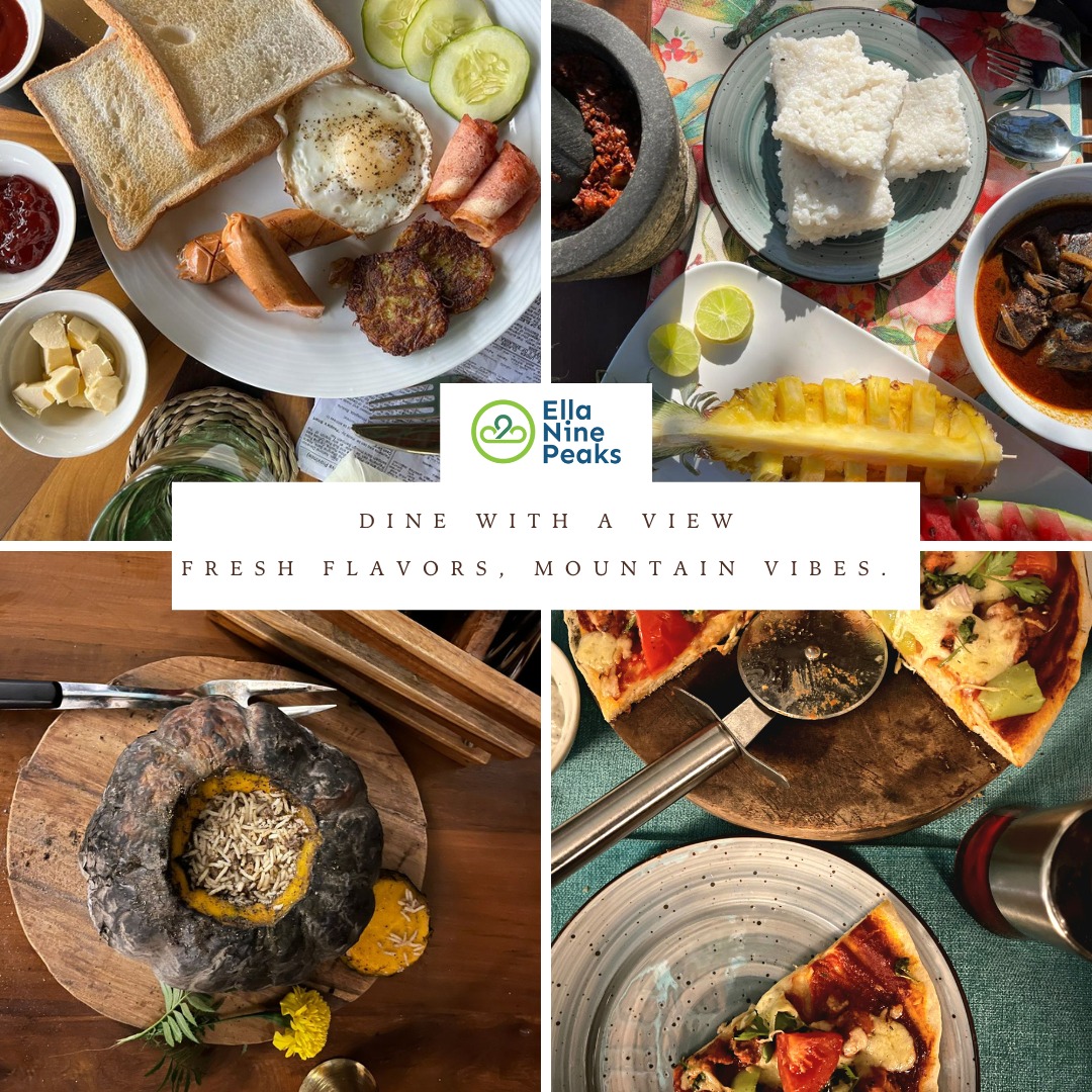 Dine where the mountains meet flavor 🍕🌄🍛
At Ella Nine Peaks, every dish is served with a side of stunning views. From hearty Sri Lankan curries to wood-fired pizzas, hoppers, and western comfort food – our menu is crafted with love and local ingredients.
🌿 Indoor & outdoor dining
🔥 Bonfires & BBQ nights
🍽️ Private dining available
📍Just 12km from Ella Town – the perfect escape for food lovers.
📲 Reserve your experience now at www.ninepeaksgroup.com
#EllaNinePeaks #DineWithAView #SriLankanCuisine #EllaEats #MountainDining #FoodieTravel #EllaVibes #WoodFiredPizza #SriLankaFoodie #DiningWithNature #EllaRestaurants #VisitElla