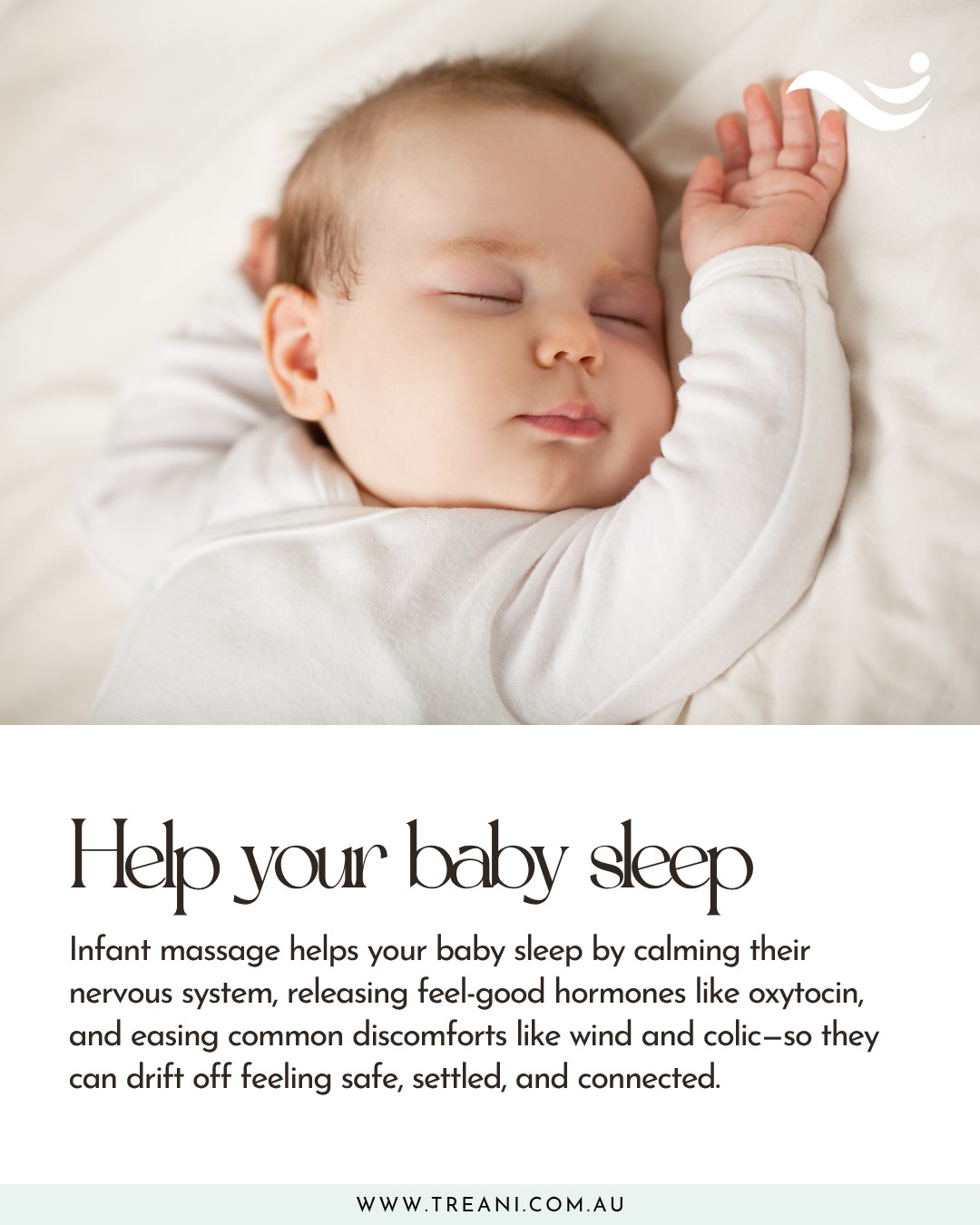 Crying baby at sleep time?
Infant massage can help calm their little nervous system, ease wind and colic, and release feel-good hormones that help them drift off easier.
A happy sleepy baby means a relaxed mum. More sleep for them means more rest, more calm, and more time for you.
#SleepyBabyHappyMum #InfantMassageAustralia #TreaniBlossom #BabyMassageBenefits #GentleParenting #BondingThroughTouch #PNDSupport #MumAndBubTime