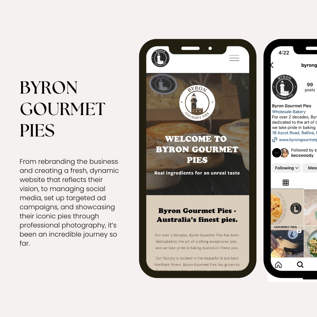 I’ve had the privilege of working with Byron Gourmet Pies for over a year—a beloved Byron Bay business with a legacy spanning for more than two decades. Recently acquired by Andrew and Pene, the business has been embarking on an exciting new chapter, and I’ve been fortunate to have contributed and play a role in this transformation.
From rebranding the business and creating a fresh, dynamic website that reflects their vision, to managing social media, set up targeted ad campaigns, and showcasing their iconic pies through professional photography, it’s been an incredible journey so far.
There’s so much more in store for this year, so stay tuned for exciting updates! And if you’re craving the best pies around, say hi directly at their factory or visit their website at www.byrongourmetpies.com.au to explore their delicious range.
#SaltyAndCoCreative #BrandDesign #WebDesign #SocialMediaStrategy #CreativeAgency #GrowYourBusiness #Byronbay #byronbaylife