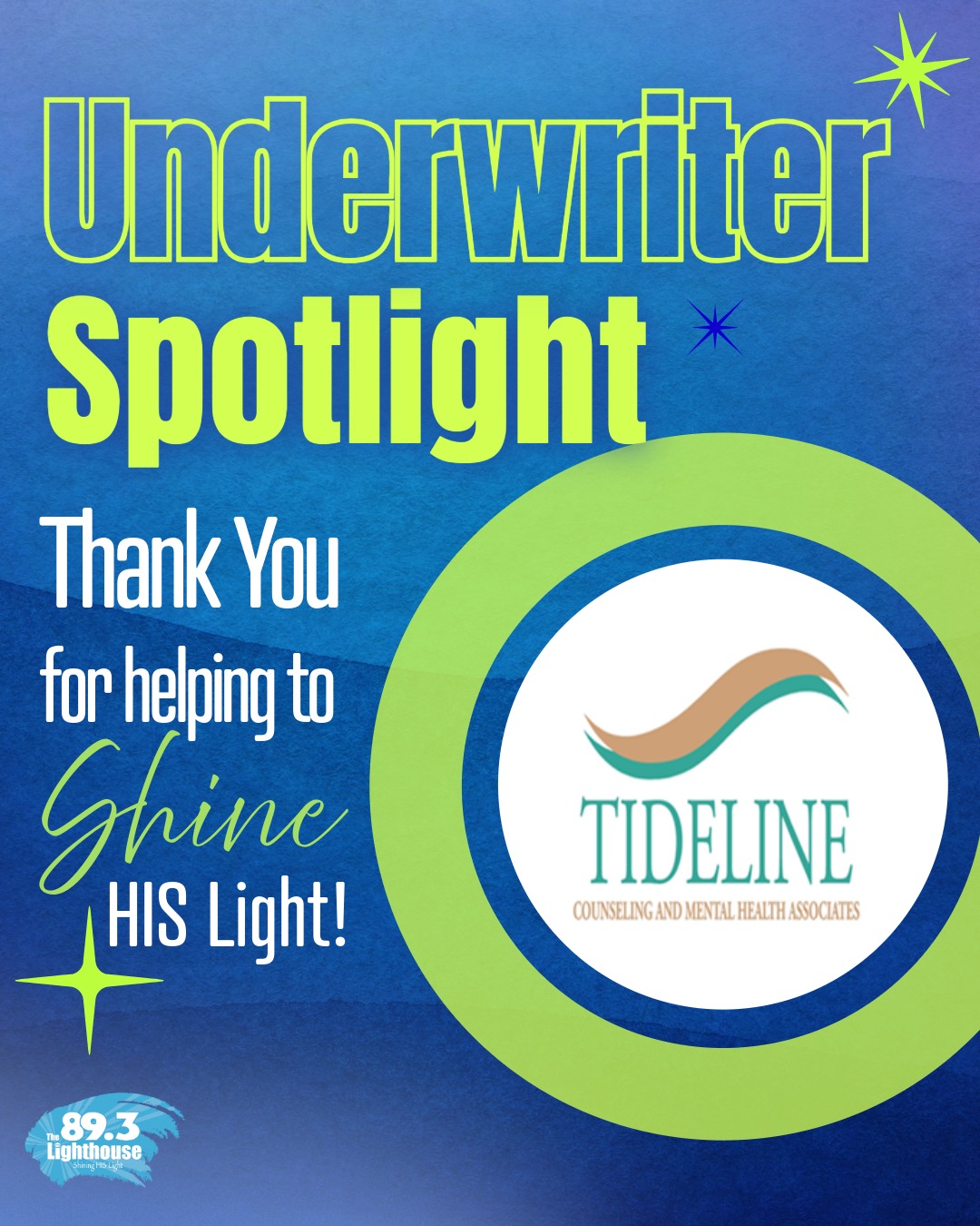 A heartfelt thank you to Tideline Counseling for supporting The Lighthouse WECC and for being today’s Day Sponsor!
Your generosity helps us continue to Shine His Light and share hope and encouragement across the airwaves.
We’re so grateful for your partnership and the important work you do in our community. God bless you, Tideline Counseling and Mental Health Associates!