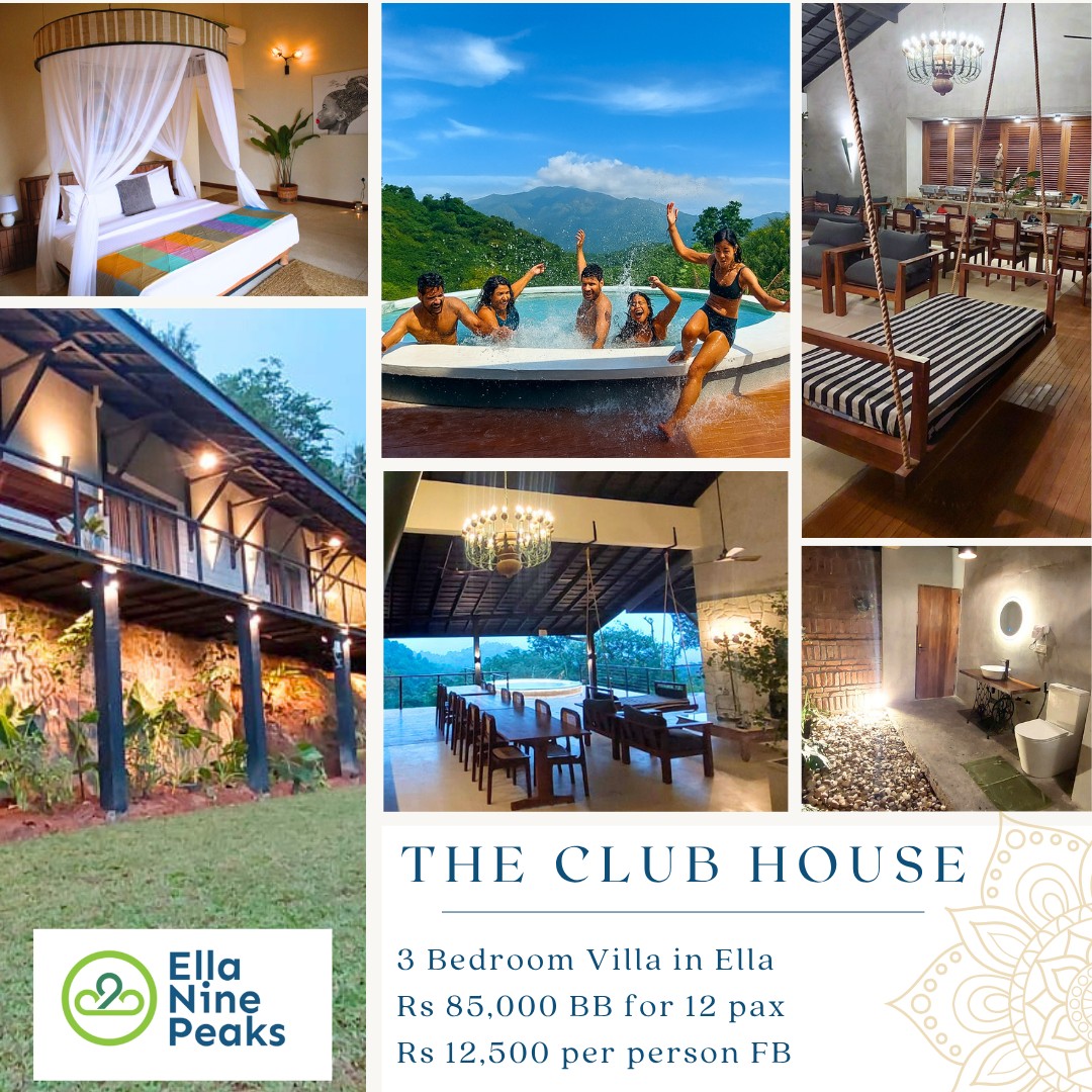 ✨ Tucked 12km away from the hustle of Ella town, The Club House is your serene escape with a Bali-inspired vibe. Perfect for families or groups, it features 3 deluxe rooms with private courtyards, a plunge pool with jets, karaoke, PlayStation, wood-fired pizza, and outdoor dining under the stars. Enjoy full-board or half-board, with butler service and unforgettable views of the Namunukula mountain range. 🍃🎶🍕
📞 Call 0740171711 | 🌐 www.ninepeaksgroup.com