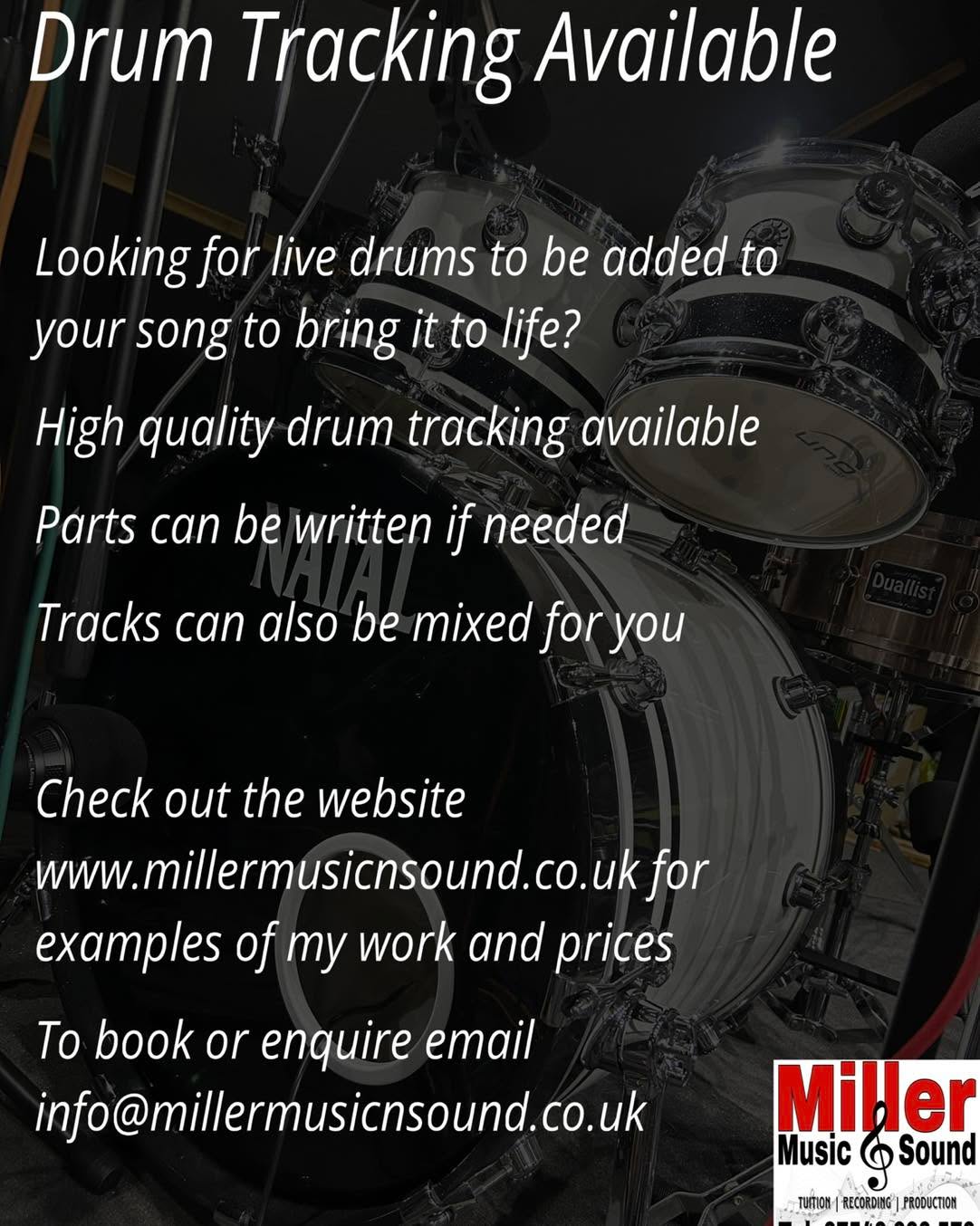 Tired of midi drums or boring drum loops? Add some life and excitement to your songs with live drums. Check out the website for exampels and full details or get in touch now!
#musicstudio #soundproduction #makingmusic #musicproducerlife #engineer #millermusic #musicproducer #musicproduction #producer #recordingstudio #sound #singersongwriter #paisley #pro #tracking #mixer #renfrewshire #drumtracking #recording