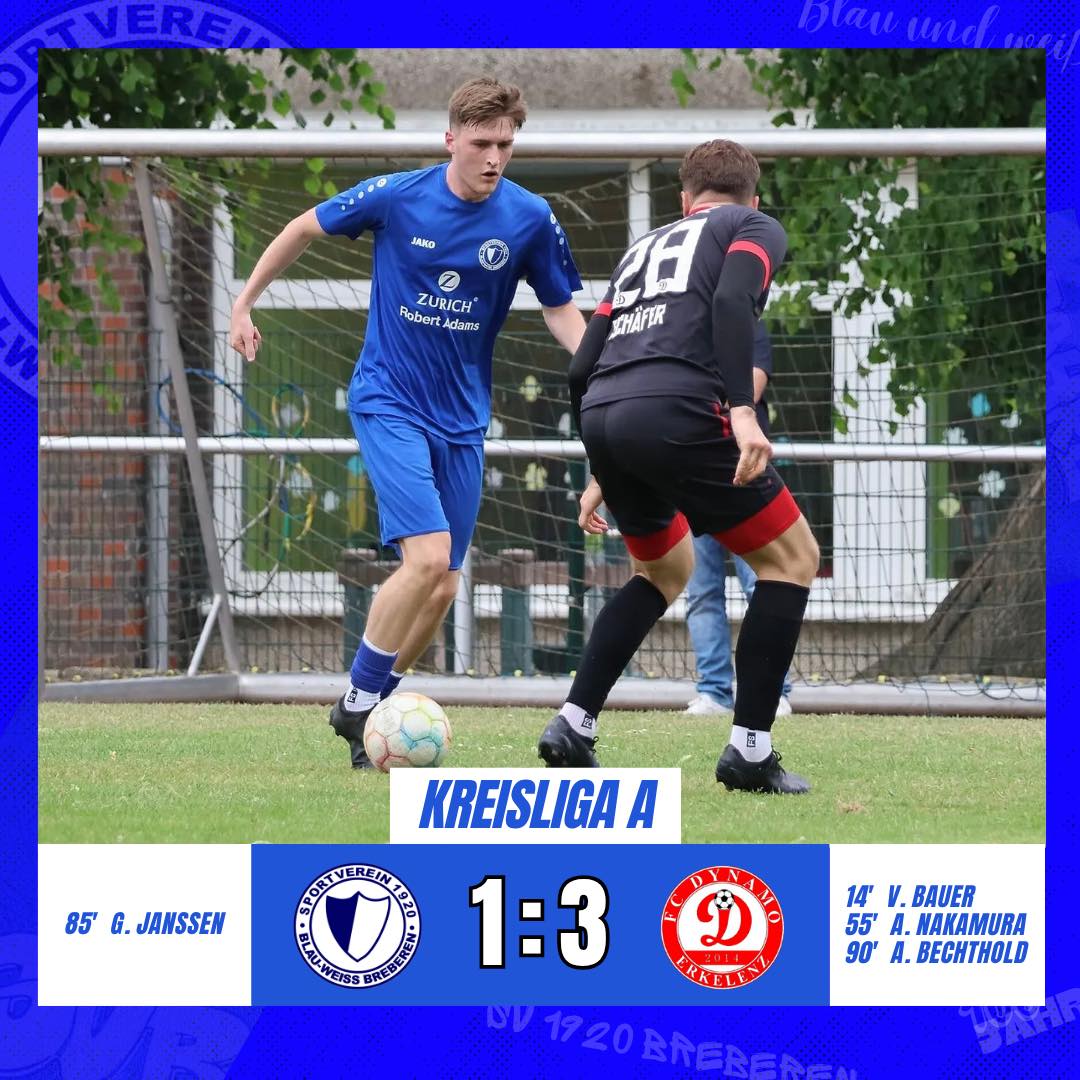 🔵⚪️ Erste und zweite verlieren zuhause ⚪️🔵
Am vergangenen Sonntag war Dynamo Erkelenz zu Gast. Die Gäste waren von Beginn an die bessere Mannschaft und ging bereits in der Anfangsviertelstunde verdient in Führung, nachdem man einen Eckball nicht konsequent genug klären konnte. In der zweiten Halbzeit erhöhten die Gäste nach einer guten Kombination auf 0:2. Kurz vor Schluss verkürzte Gianluca Janssen (85.) auf 1:2. Unsere Blau-Weißen warfen nochmal alles nach vorne und gerieten dann in einen Konter, der zum 1:3 führte. Somit verlor man leider gegen eine spielstarke Mannschaft aus Erkelenz.
Unsere zweite Mannschaft spielte gegen die Zweitvertretung des FSV 09 Geilenkirchen. Die erste Hälfte der Partie verlief recht ausgeglichen und es fielen keine Tore. Kurz nach dem Seitenwechsel gelang den Gästen jedoch der Führungstreffer. Der SVB verteidigte ordentlich, nur nach vorne lief es gegen den FSV nicht gut. In der 65. Spielminute erhöhten die Gäste auf 0:2 und kurz vor Abpfiff noch auf 0:3.
Nach dieser Niederlage steht für unsere zweite Mannschaft leider der Abstieg in die Kreisliga C fest.
🔵⚪️
📸 @miriamsenft