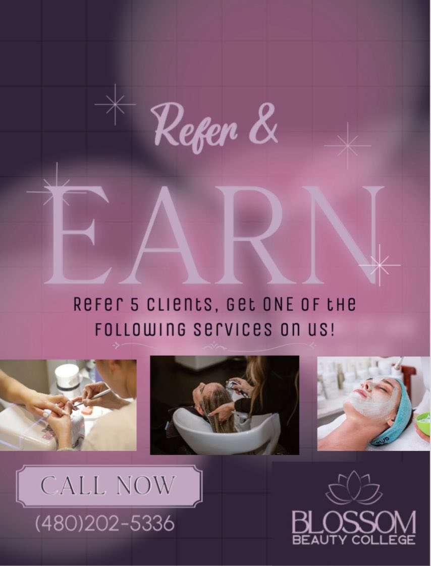 All you need is 5 people to book a service & complete it with YOUR name & you can earn one of the following:
✨Full set of acrylic nails
✨Hair treatments (scalp treatment, keratin, etc)
✨Deep cleanse facial
Don’t miss out on this opportunity at Blossom Beauty College ✨ DM me OR call to book NOW! 480 202 5336
Full Services, completed by students, overlooked by instructors 😉
¡Recomienda y gana!
Solo necesitas que 5 personas reserven un servicio y lo completen bajo TU nombre.
¡Podrás ganar uno de los siguientes premios! ✨Set completo de uñas acrílicas ✨Tratamientos capilares (tratamiento para el cuero cabelludo, keratina, etc.)
✨Limpieza facial profunda
¡No te pierdas esta oportunidad en Blossom Beauty College! ✨
¡Envíame un mensaje directo o llama para reservar YA! 480 202 5336
Servicios completos, realizados por estudiantes y supervisados por instructores. 😉