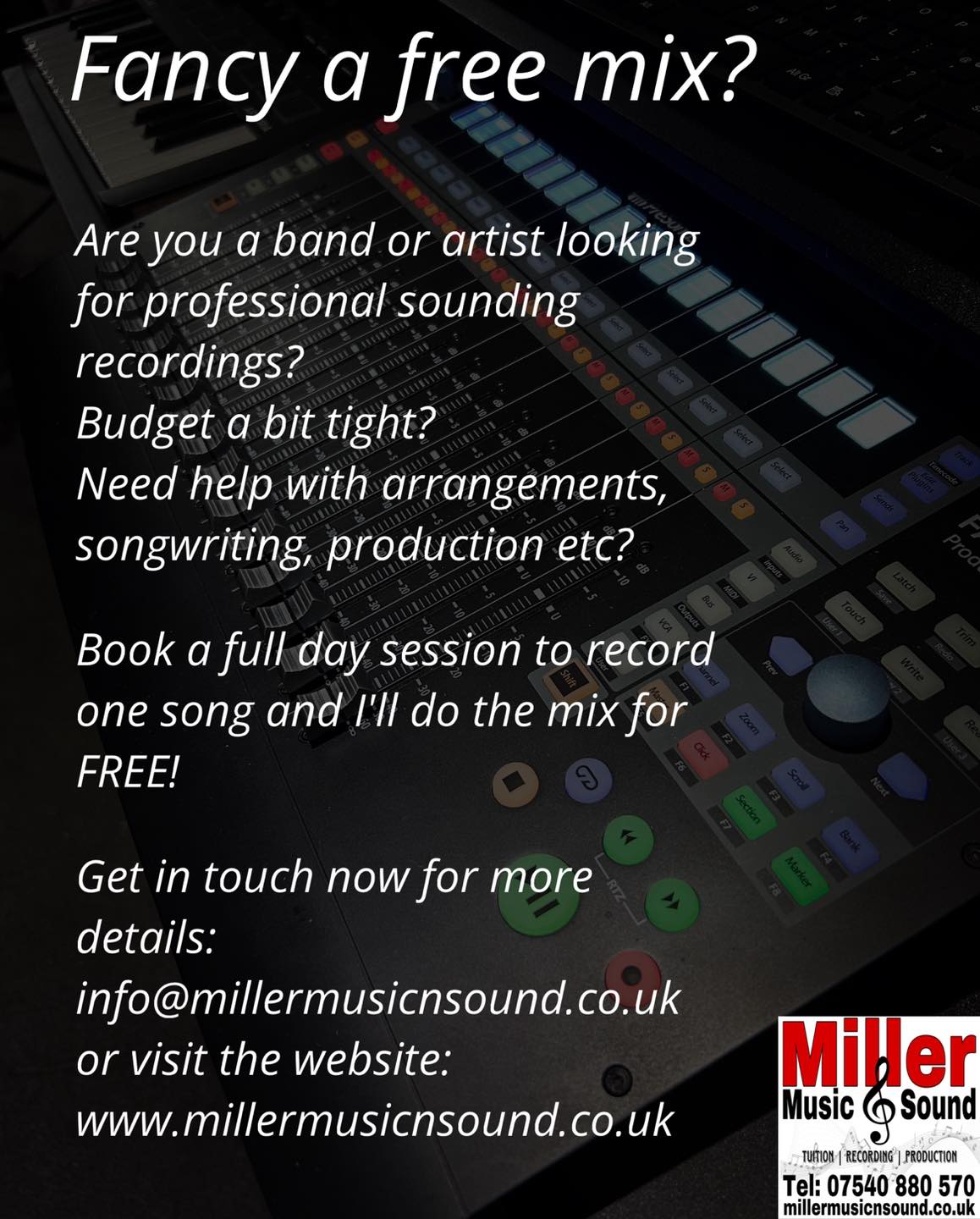 New studio offer available. Let’s make some music together and I’ll mix your song for FREE! Terms and conditions apply, send me an email now to find out more info 🙌🏼
#musicstudio #soundproduction #makingmusic #musicproducerlife #engineer #millermusic #musicproducer #musicproduction #producer #recordingstudio #sound #singersongwriter #paisley #pro #tracking #mixer #renfrewshire #drumtracking #recording