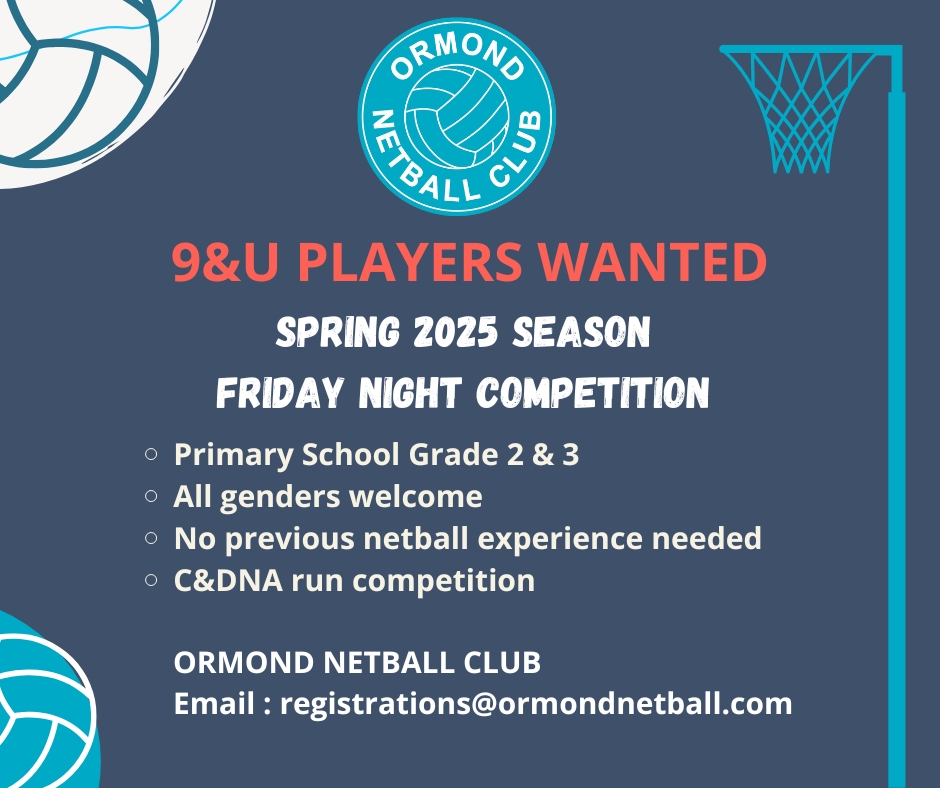 Spring 2025 is just around the corner, and weâve grown so quickly weâre building our third U9 netball teamâhow exciting is that?! đđ
Keen to join? Reach out to our registrations@ormondnetball.com to lock in your spot.
đ
Season starts: 25 July
đ Game time: Fridays at 5PM
đ Training: Wednesdays, 4:30â5:30PM
⨠Each week, one player will take home a Player of the Match prize thanks to @cafe_brightside & @hendricks_burgers đ
đ
At the end of the season, one star from each team will be awarded the prestigious @ormondnetball & @mogortho Coaches Award.
Letâs make this season one to remember!
#SpringNetball #U9Team #NetballSeason2025 #GameDayVibes #FutureStars
