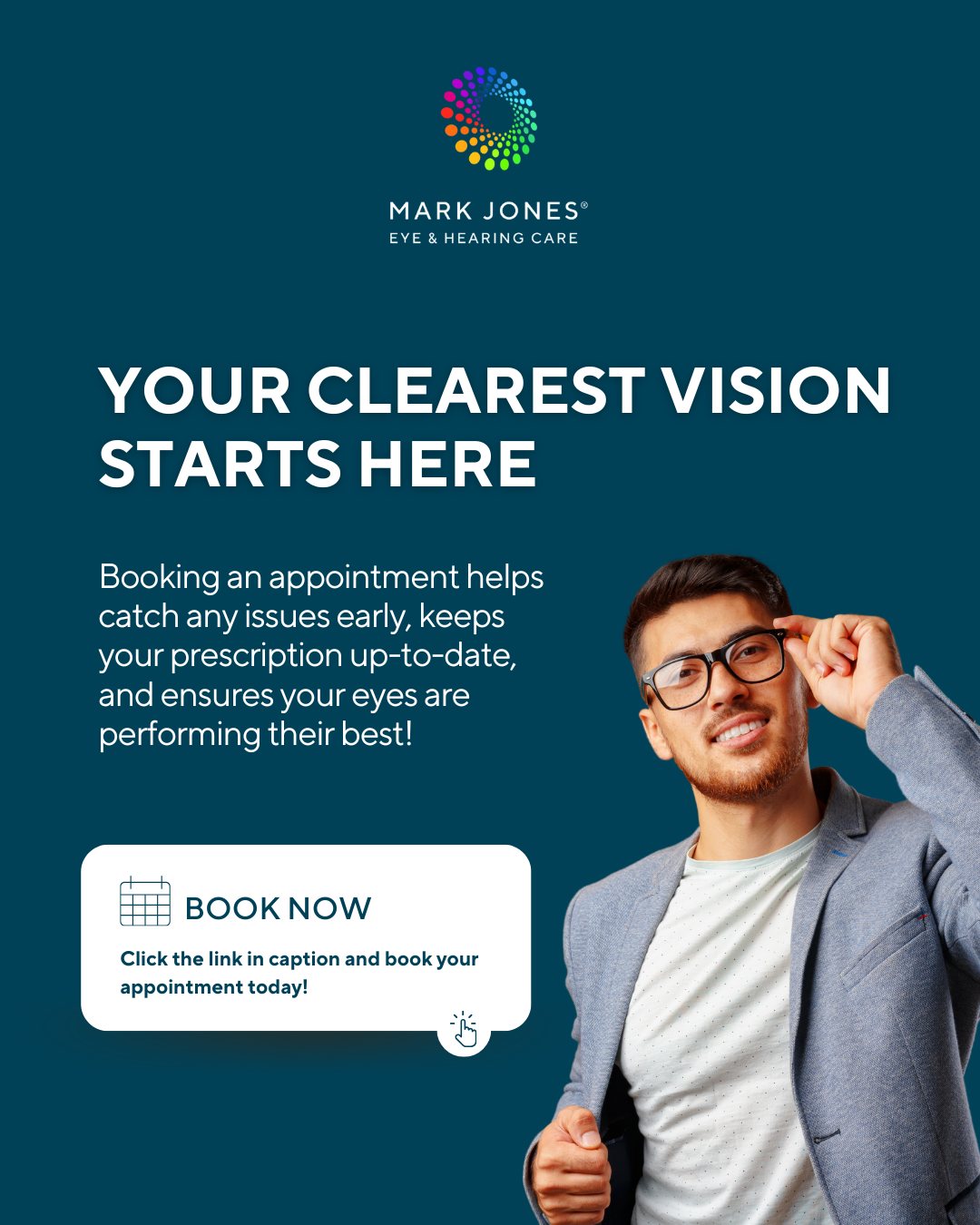 Your Eyes Deserve the Best Care – Book a Check-Up Today!
Regular eye tests do more than update your prescription—they protect your long-term vision and can detect early signs of health issues like diabetes or high blood pressure. Don’t wait for symptoms; prevention is key to clear, healthy sight.
👉 Schedule your appointment now – your future self will thank you!
markjoneseyecare.com
#EyeHealthMatters #BookYourTest