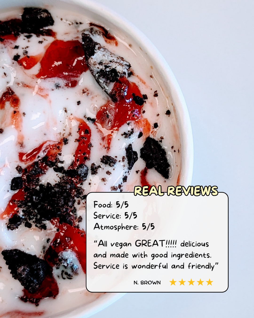 Real review. Real flavor. Real appreciation 🍓🍦
Grateful for every kind word and every return visit - it really means the world. We see you, we feel the support, and we’re sending it right back 💛
"All vegan GREAT!!!!! delicious and made with good ingredients. Service is wonderful and friendly"