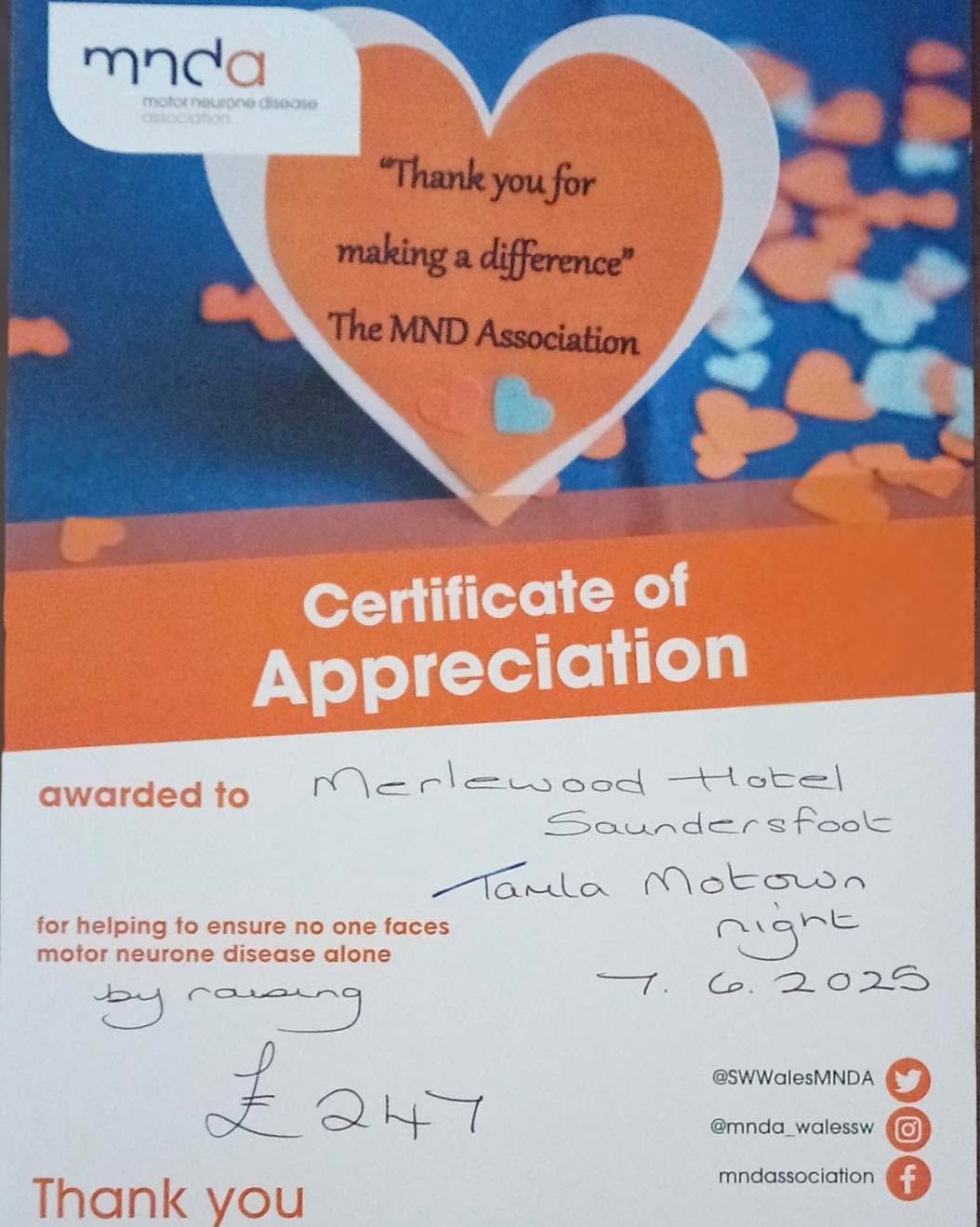 ๐ธ๐นT๐A๐K Y๐U!!!๐น๐ธ
On 7th June our treasurer and AV Janice Hayter was lucky enough to attend a wonderful fun filled Tamla Motown night at the Merlewood Hotel, Saundersfoot. An incredible ยฃ247 was raised on the night in aid of MND. Thank you so much to the team at the Merlewood Hotel!