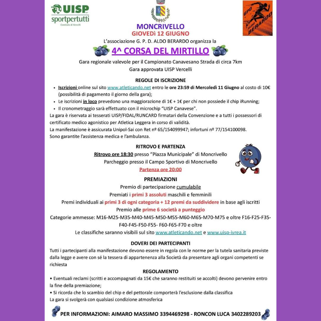 🏁 CI SIAMO!
Stasera si dà il via alla Sagra del Mirtillo 2025 con la 4ª Corsa del Mirtillo! 🫐👟
📍 Ritrovo ore 18:30 – Piazza Municipale, Moncrivello
🚦 Partenza ore 20:00
💥 Gara valida per il Campionato Canavesano
Tutti pronti a correre tra sport, festa e... profumo di mirtilli! 💙
-
-
-
-
#SagraDelMirtillo #CorsaDelMirtillo #Moncrivello #12Giugno #SportETradizione #PartenzaConSprint
