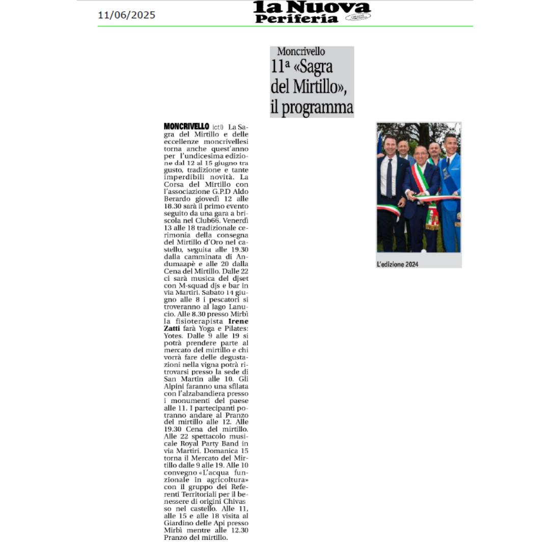🚨 Breaking News!
La Sagra del Mirtillo di Moncrivello conquista anche le pagine de La Nuova Periferia! 🗞️🫐
L’evento più atteso dell’estate è ufficialmente sotto i riflettori! 💥
Dal 12 al 15 giugno… tutti a Moncrivello! 💙
-
-
-
-
#SagraDelMirtillo #Moncrivello #BreakingNews #LaNuovaPeriferia #Estate2025 #TradizioneEMirtilli