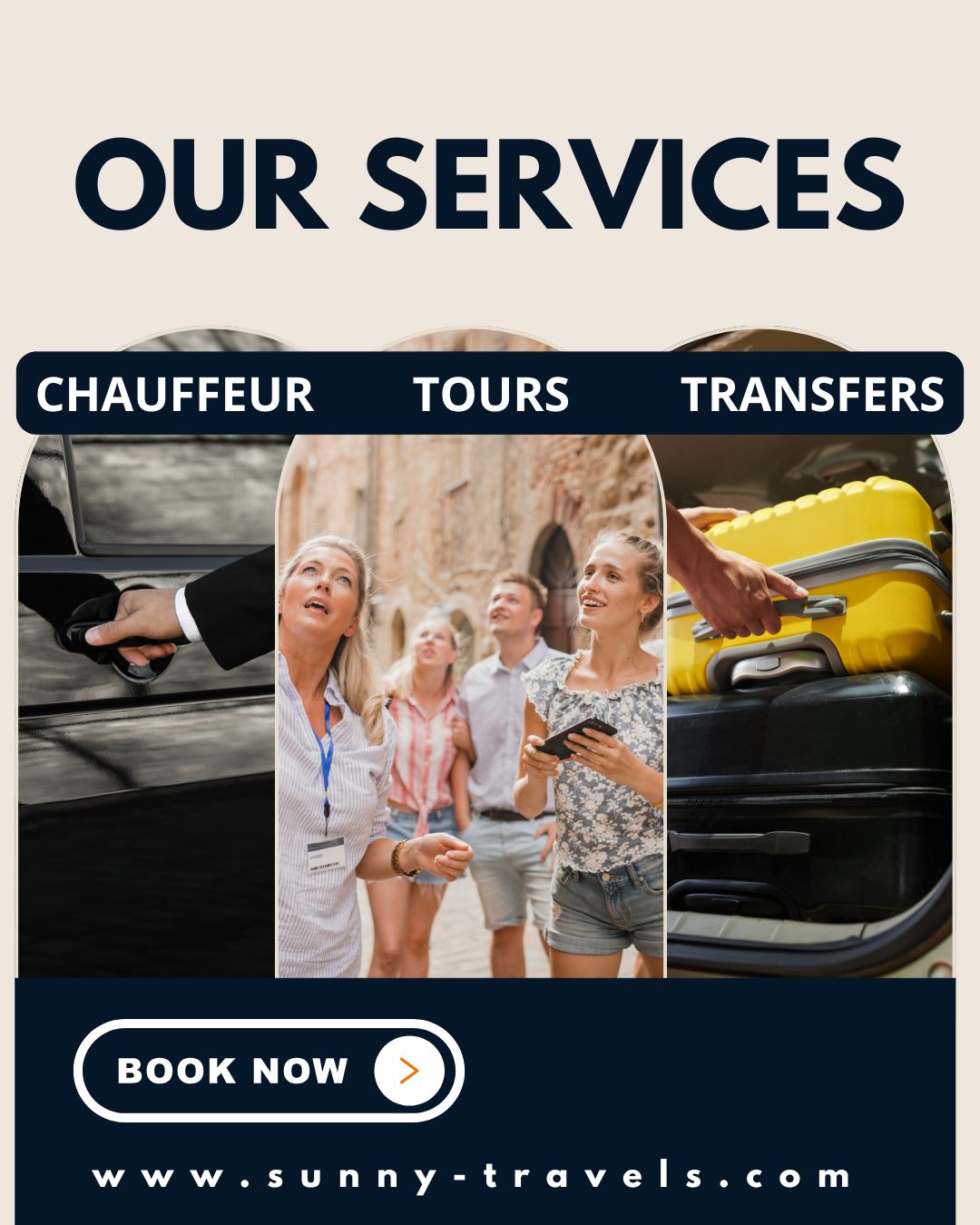 Explore Portugal with Comfort, Style and Heart — Discover All Our Services
At Sunny Travels, we offer more than just transportation — we offer unforgettable experiences across Portugal, always tailored to your pace and interests. Whether you're visiting for the first time or returning for more, our team is here to make every journey seamless, authentic and memorable.
🔹 Private Tours
From Lisbon to the Douro Valley, from Sintra's palaces to Évora's Roman ruins, our full-day and half-day private tours are designed to immerse you in Portugal’s history, culture and natural beauty. Local guides, personalised itineraries, and zero rush.
🔹 Day Trips from Lisbon
Looking for a perfect getaway from the city? We take you to stunning destinations like Óbidos, Fátima, Batalha, Nazaré, and Sintra-Cascais, all in one comfortable day.
🔹 Private Transfers
Whether you’re heading to Porto, Algarve, or just need a stylish and safe ride from the airport, our private transfer service ensures punctuality, comfort and peace of mind — with no luggage hassle or waiting time.
🔹 Chauffeur Services
Explore Portugal at your own rhythm. Our experienced, multilingual drivers are at your disposal, ready to offer suggestions and adapt to your preferences along the way.
🔹 Tailor-Made Experiences
Wine tasting in Alentejo? A scenic drive through the mountains? A romantic escape or a family adventure? Tell us what you love — we’ll take care of the rest.
At Sunny Travels, it’s not just about getting there — it’s about how you feel on the way.
📍 Book your journey today at www.sunny-travels.com