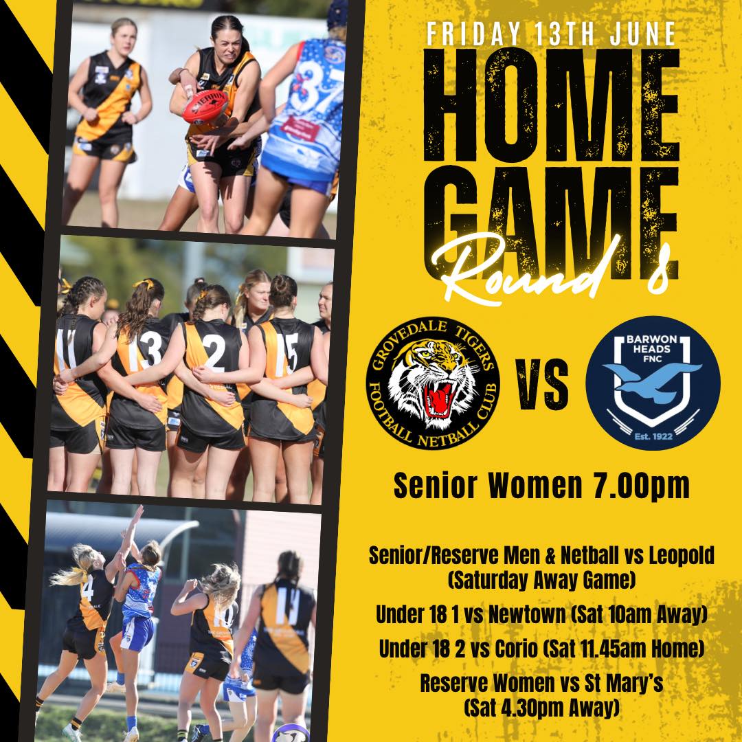 🟡 ⚫️ROUND 8🟡⚫️
Our netball and senior men’s football teams are playing away against Leopold this weekend and our Senior Women are home under lights Friday night! Go Tigers 💛🖤