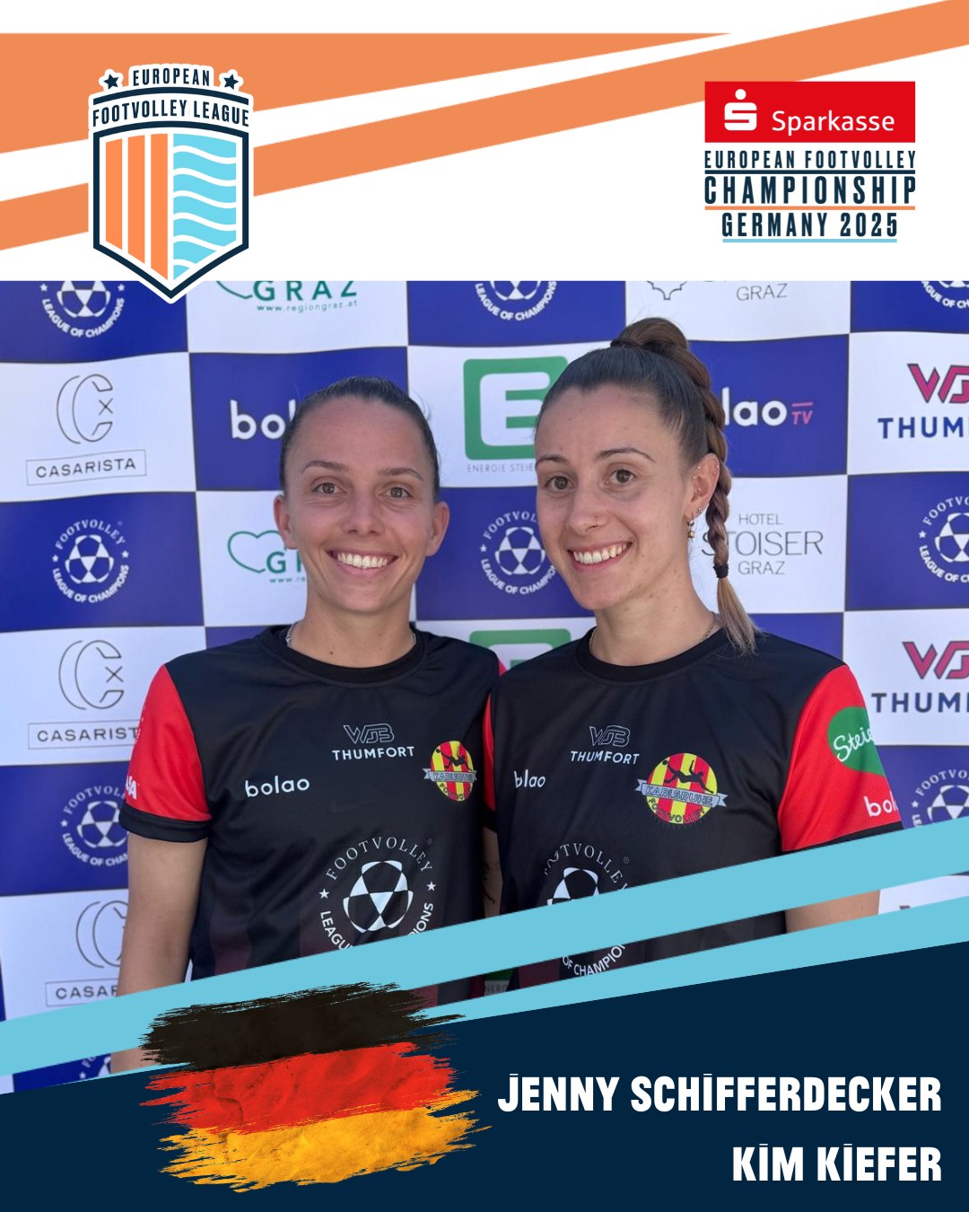 These are our teams for the European Footvolley Championship, taking place from Friday, 27 June to Sunday, 29 June 2025!
Here comes GER 2: Jenny Schifferdecker & Kim Kiefer🔥