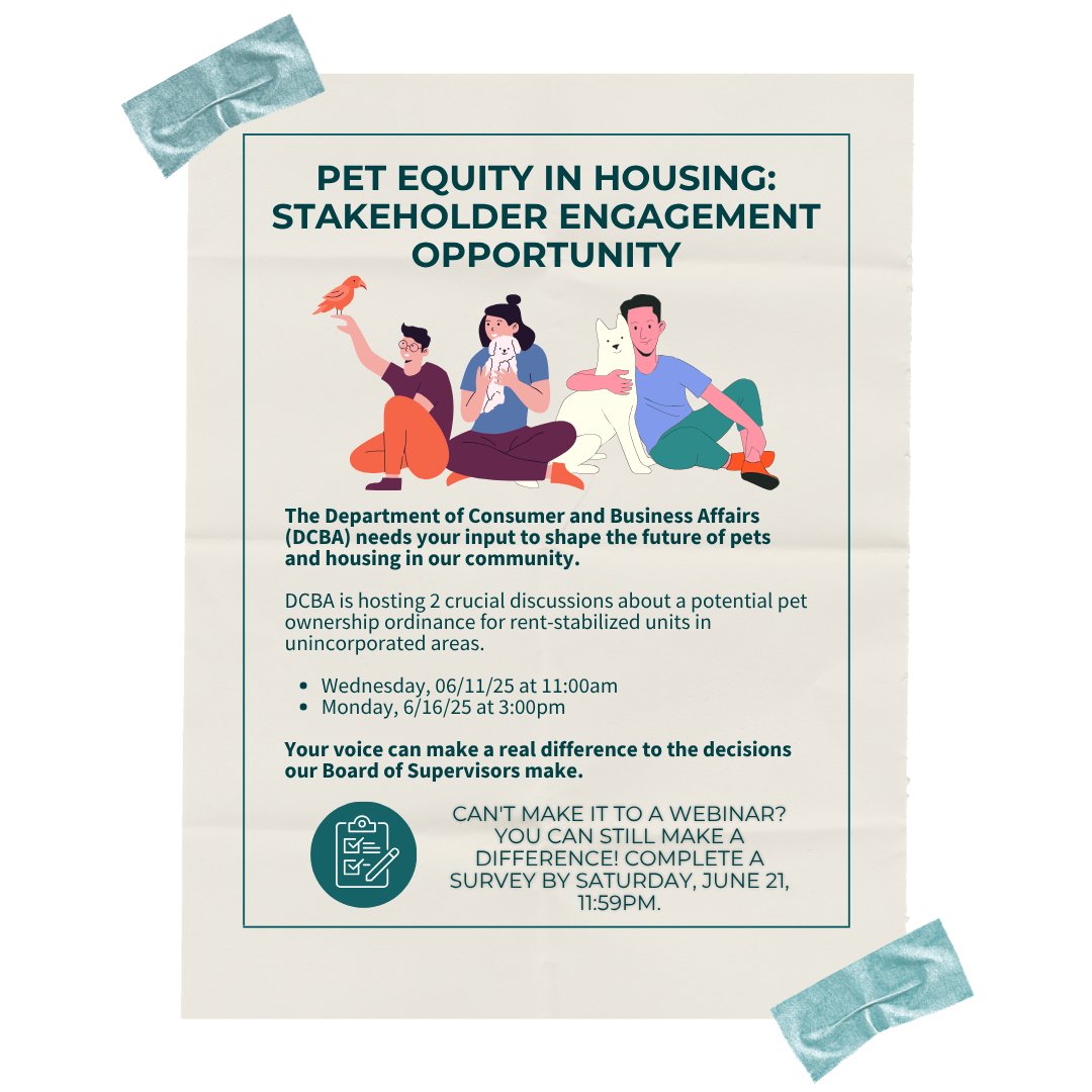 š¢ Calling all renters & advocates in LA County! š¾
Your voice matters! Join @lacountydcba for 2 virtual discussions on a potential pet ownership ordinance for rent-stabilized units in unincorporated LA County.
šļø Wed, 6/11 @ 11AM | Mon, 6/16 @ 3PM
š¬ Share your experiences, ideas & feedback!
š Visit the link in our bio to register & learn more!
š Canāt attend? Take the survey by 6/21 @ 11:59PM!
#HousingEquity #RentersRights #LACounty #PetFriendlyHousing #CommunityVoices