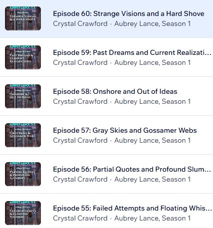 We're in the final posting days for Aubrey Lance, S.S. (Supernatural Sleuth)! Episode 60 went up Saturday night, and after taking Sunday off (as usual), Episode 61 will be going up tonight around 9:30PM. How close does that mean this story is to the end? SO CLOSE!
The FINALE of Season 1 of Aubrey Lance will be posting Saturday night with a double-drop of episodes 66 & 67 (the final two episodes)!
If you haven't read this story yet, now's a GREAT time to jump in, because by the time you get caught up, the story will likely be complete. (I know some of you prefer to wait for a complete story.)
This one is FREE to read on my website -- give it a try! <3
Read it now at http://ccrawfordwriting.com/aubreylance-season1 or use the link in my bio!