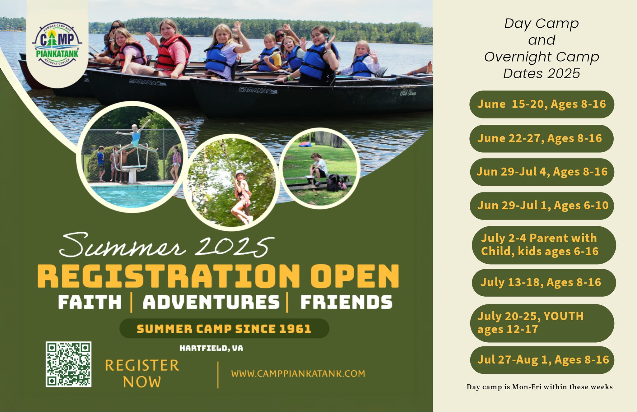 How's summer break going so far? Bored yet? Good news, you can still join camp this summer! Have one week full of faith, fun, and friends. Day camp and overnight camp sessions are available.
Info and online registration is here: www.camppiankatank.com/register-or-login