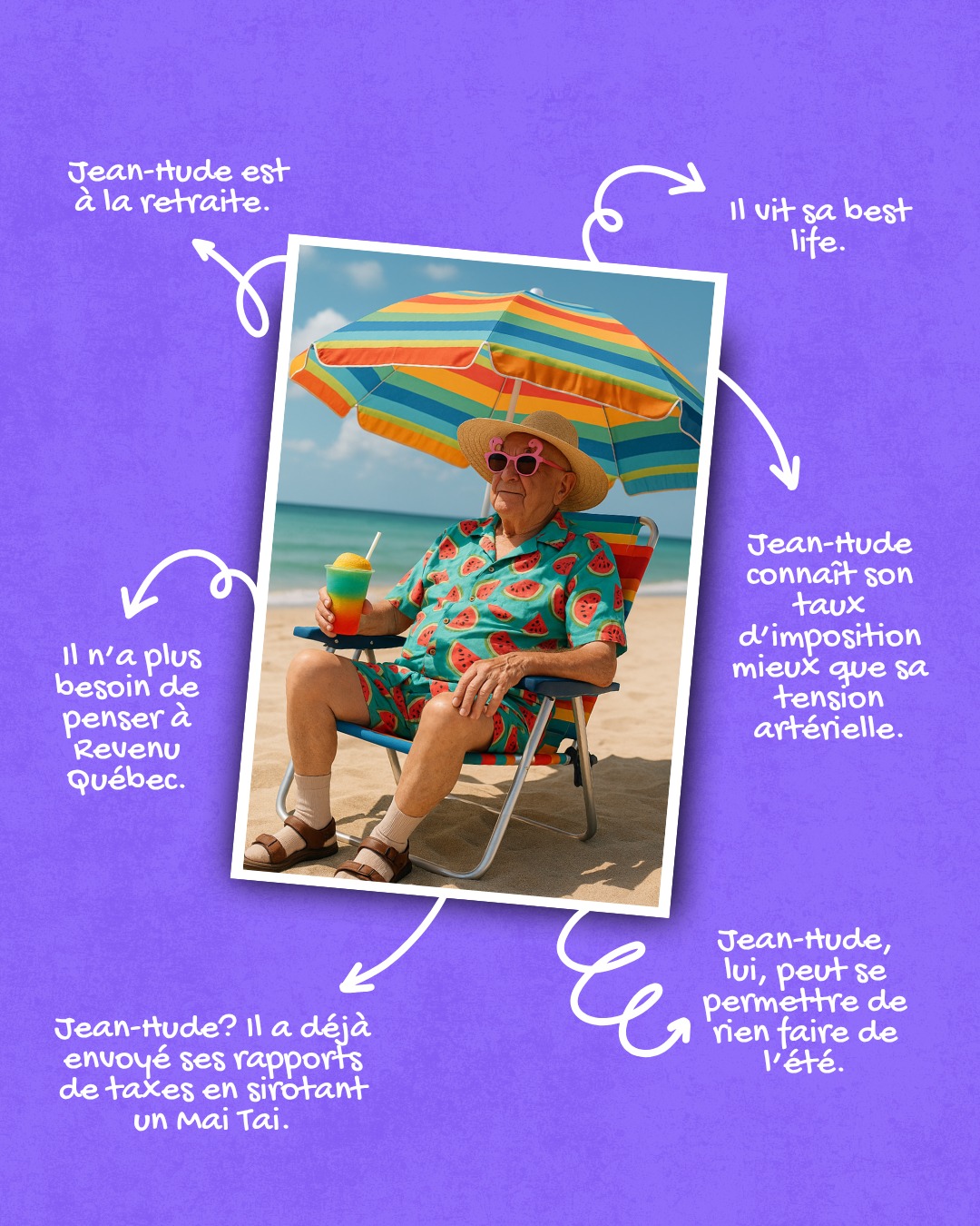 Voici Jean-Hude. 👴
Jean-Hude a eu une entreprise toute sa vie.
Jean-Hude est maintenant à la retraite.
Jean-Hude a toujours fait sa comptabilité à temps.
Il dort bien la nuit. Il bronze en paix. 🏝️
TU N'ES PAS JEAN-HUDE. (Pas encore, du moins.)
Alors avant de partir en vacances avec ton petit chapeau de paille pis ton mojito, rappelle-toi d’une chose : ta comptabilité, elle, bin à prend pas de vacances. ❌
Revenu Québec et Revenu Canada, eux, ils en ont vraiment rien à faire de ton roadtrip en van autour de la Gaspésie.
💡 Mon conseil?
Profite des journées de pluie (ou des fins d’après-midi où t’as cancel ton 5 à 7) pour mettre à jour ta comptabilité.
Bloque-toi une mini séance par mois.
Juste une.
Pis fais-le.
Tu vas me remercier plus tard.
Jean-Hude aussi. 👊