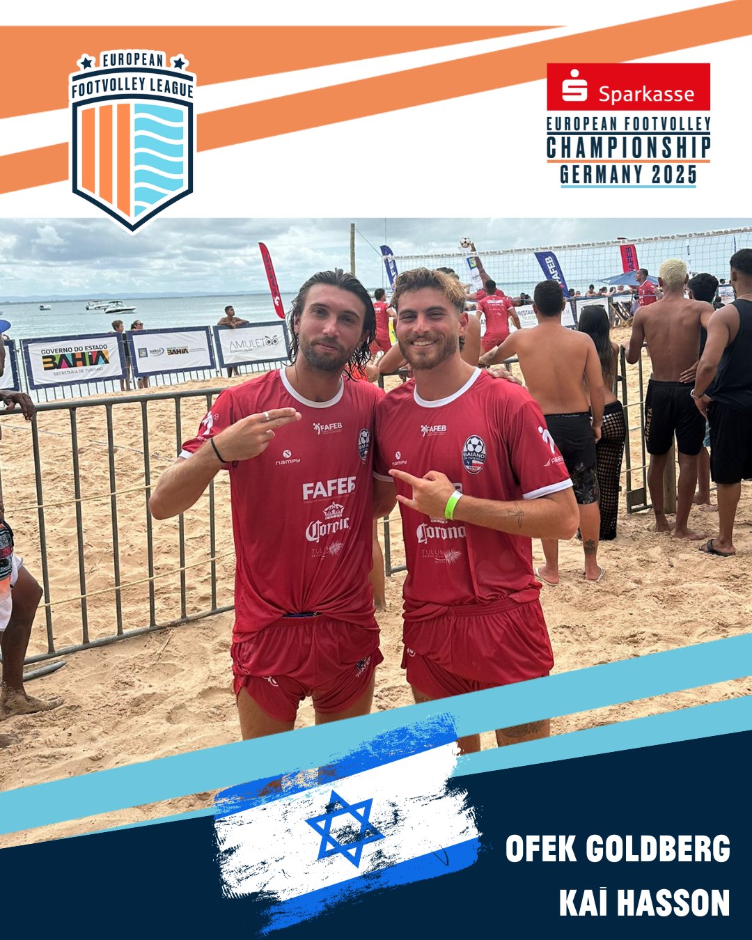 These are our teams for the European Footvolley Championship, taking place from Friday, 27 June to Sunday, 29 June 2025!
Watch out for ISR 2: Ofek Goldberg & Kai Hasson🔥