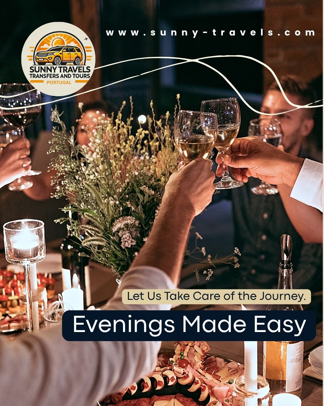 Evenings Made Easy — We Take Care of the Ride
Planning a romantic dinner in Lisbon? A sunset cocktail in Cascais? Or maybe a night out exploring the buzzing bars of Bairro Alto?
With Sunny Travels, your only job is to enjoy the night.
No worries about driving, directions or parking. No need to check train schedules or wait for taxis.
Just step in, relax, and let us take you there.
🍷 Dinner reservations in the city?
🍸 Drinks with a view?
🎶 Late-night music by the river?
Whether you're celebrating something special or simply making the most of your trip, our Private Driver Services ensure you arrive in comfort — and return safely, whenever you're ready.
Because in Portugal, the nights are just as magical as the days.
👉 Ready to plan your perfect evening out?
Book your private transfer at www.sunny-travels.com
#SunnyTravels #PrivateDriverPortugal #LisbonNights #TravelInStyle #PortugalEvenings #LisbonByNight #SafeRide #ChauffeurServicePortugal