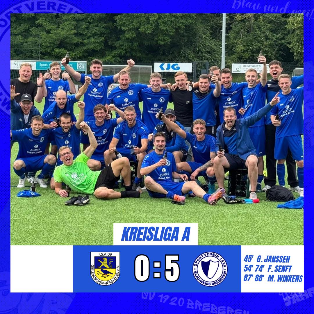 🔵⚪️ Erste feiert Klassenerhalt - Zweite mit Remis ⚪️🔵
Am vergangen Pfingstmontag war unsere erste Mannschaft beim FSV 09 Geilenkirchen zu Gast. In einer ausgeglichenen ersten Halbzeit gelang kurz vor dem Halbzeitpfiff durch Gianluca Janssen (45.) die wichtige 0:1 Führung. In der zweiten Hälfte kontrollierten unsere Blau-Weißen dann die Partie. In der 54. Minute erhöhte Felix Senft auf 0:2. Der SVB wollte die Führung noch weiter ausbauen und erzielte durch Felxi Senft (74.) sehenswert zum 0:3. In der Schlussphase gelang dem SVB fast alles. Nach Traumkombination vollstreckte Maurice Winkens (87.) zunächst zum 0:4 und nur eine Minute später per Freistoßtor zum 0:5. Aufgrund der Ergebnisse auf den anderen Plätzen stand nach Abpfiff der Partie fest, dass man die Klasse hält.
Unsere Reserve spielte parallel in Süsterseel. Die Wanderlust führte zur Halbzeit 1:0. Der SVB glich jedoch durch El Khadir Ajkiou (72.) aus. Somit endete das Spiel 1:1.
🔵⚪️
📸 @miriamsenft