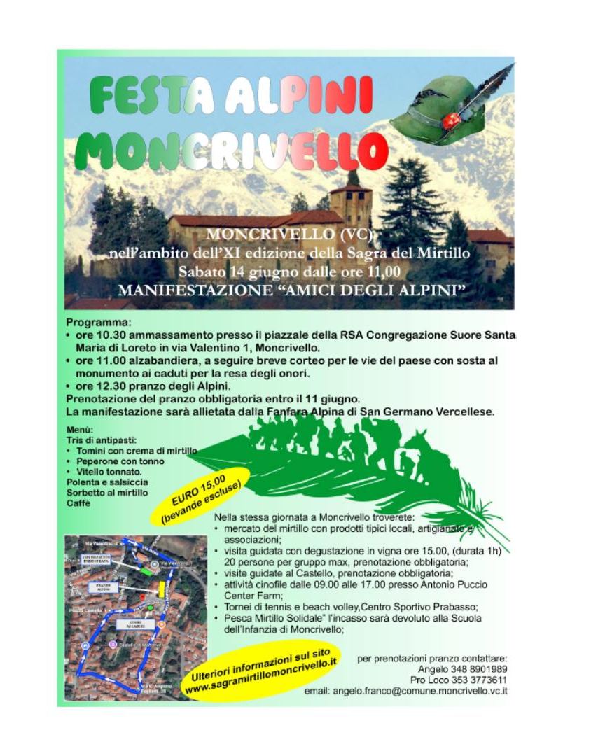 🎉 FESTA ALPINI a MONCRIVELLO 🏔️
📅 Sabato 14 giugno dalle ore 11.00
📍 Nell’ambito della XI Sagra del Mirtillo
Una giornata speciale dedicata agli "Amici degli Alpini" 🇮🇹 con:
🕥 Ore 10.30 – Ammassamento presso la RSA Suore di Moncrivello
🎺 Ore 11.00 – Alzabandiera e corteo con la Fanfara Alpina di San Germano
🍽️ Ore 12.30 – Pranzo degli Alpini (su prenotazione entro l'11 giugno)
Menù:
🥣 Antipasti | 🧀 Tomin con crema al mirtillo | 🍖 Vitello tonnato | 🍝 Risotto al mirtillo | 🍰 Sorbetto al mirtillo
💰 Prezzo: 15€ (bevande escluse)
🎶 Musica, tradizione, gusto e tanto spirito alpino vi aspettano!
ℹ️ Info e prenotazioni pranzo:
📞 Angelo 348 8991981
📧 angelo.franco@comune.moncrivello.vc.it
-
-
-
-
#infomoncrivello #sagradelmirtilloedelleeccellenzemoncrivellesi #festa #alpini
#FestaAlpini #Moncrivello #SagraDelMirtillo #Tradizione #EventiPiemonte 🫐🎷🇮🇹