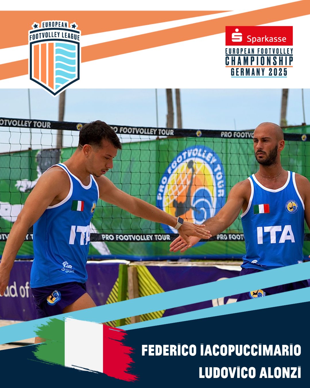 These are our teams for the European Footvolley Championship, taking place from Friday, 27 June to Sunday, 29 June 2025!
Say hello to ITA 1: Federico Iacopucci & Ludovico Alonzi🔥