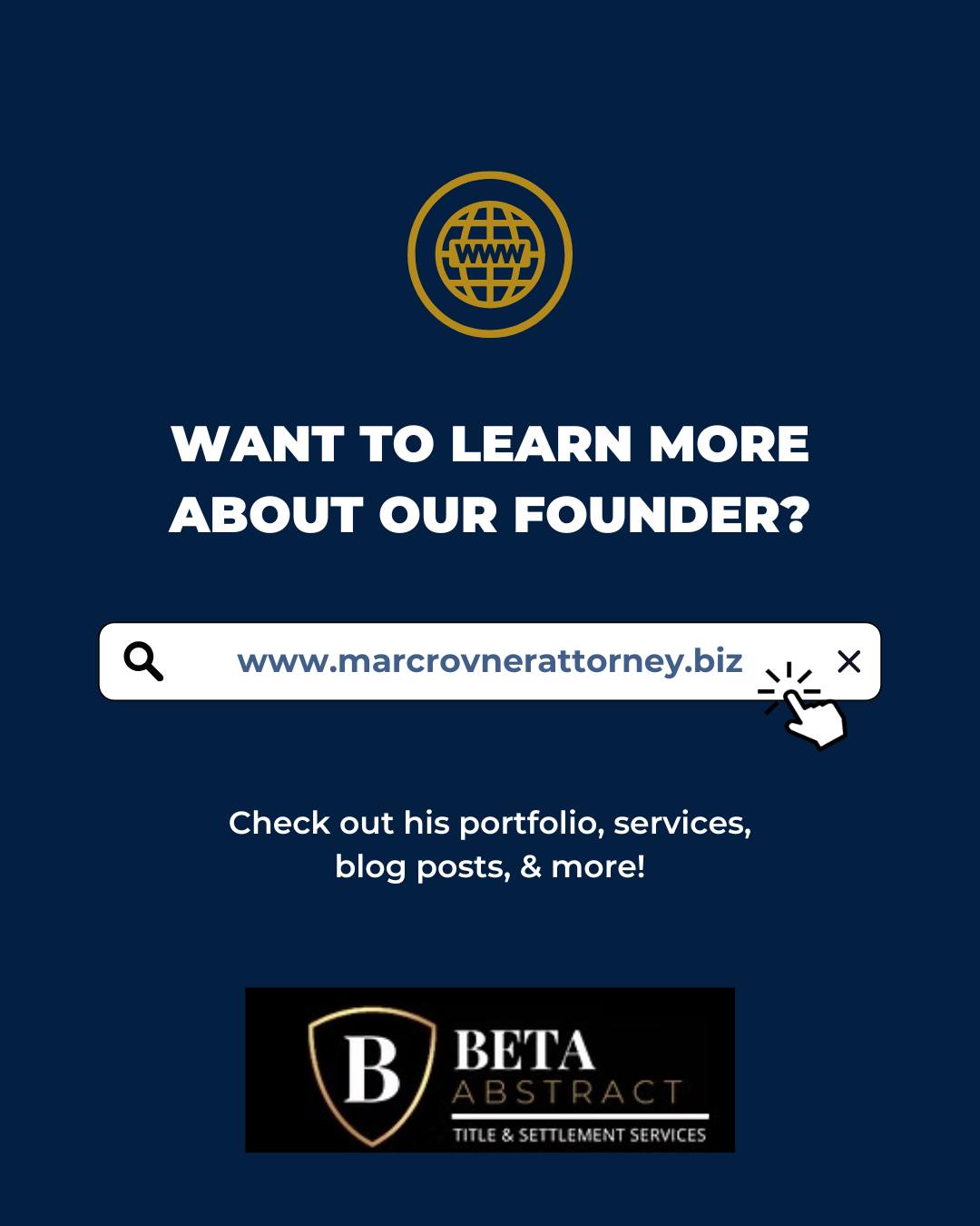 📲 Want to learn more about the mind behind Beta Abstract?
Visit www.marcrovnerattorney.biz to explore Marc Rovner’s portfolio, services, blog posts, and more!
#MeetTheFounder #RealEstateLaw #TitleAndSettlement #MarcRovner #BehindTheBusiness #BetaAbstract