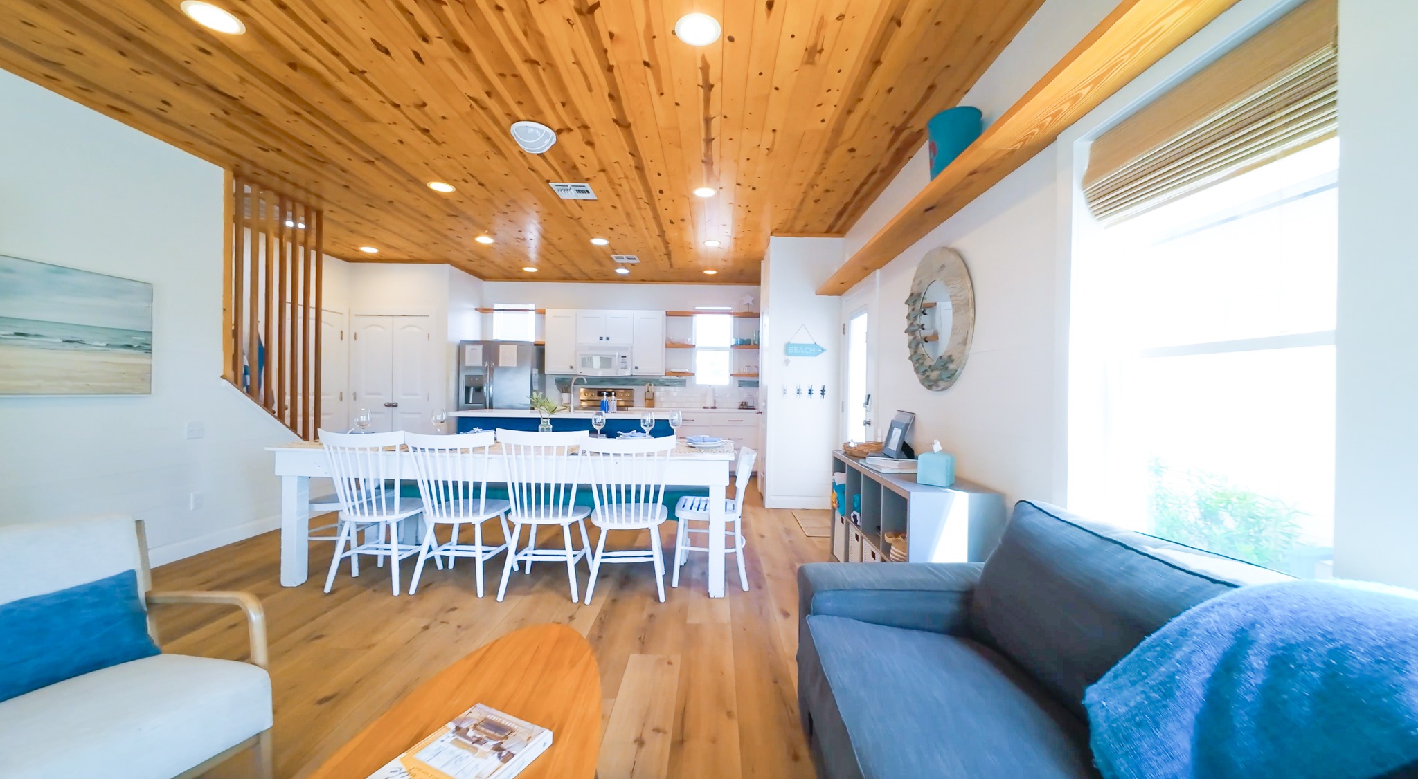 Villa Blue was made for together time.
The open layout means no one’s stuck in the kitchen alone. There’s plenty of space for helping hands, wine sippers, and curious snackers. The farmhouse table seats a large crew for long meals and late-night card games, and the living room is perfect for piling in after a day at the beach (or waiting out a surprise rainstorm).
The kitchen is fully stocked with all the tools you need to cook the meal you want to cook, no need to pack extras or cross your fingers.
It’s easy, comfortable, and made for making memories. Come join us.