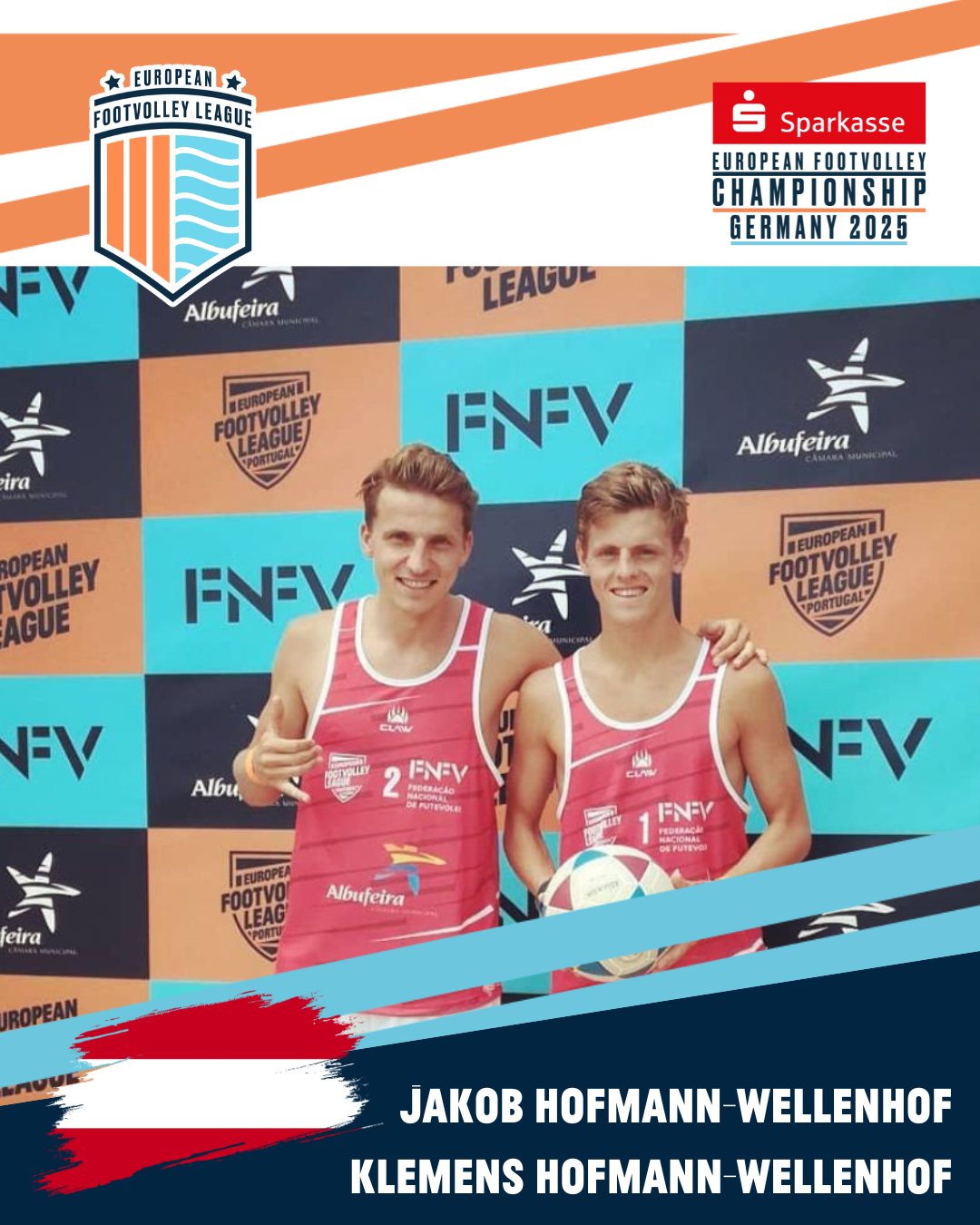 These are our teams for the European Footvolley Championship, taking place from Friday, 27 June to Sunday, 29 June 2025!
Say hello to AUT 1: Jakob Hofmann-Wellenhof & Klemens Hofmann-Wellenhof🔥