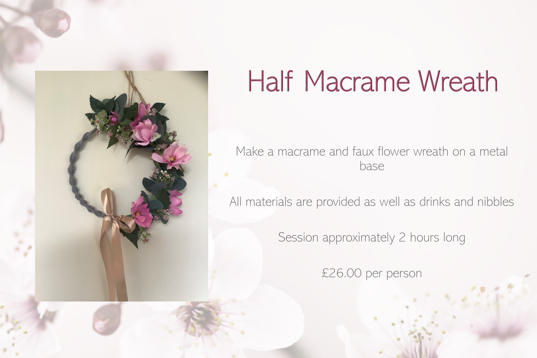 My next workshop is Fri 27th June at 7pm. We will be making half faux wreaths using macrame on one side and faux flowers and foliage to decorate the other. There are still a few spaces left.. please message me to book onto the session. A £10 deposit is required to secure your space