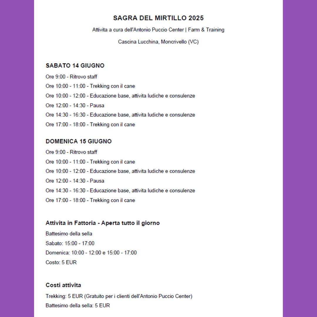 🐾 Weekend alla Sagra del Mirtillo con gli amici a 4 zampe!
📍 Cascina Lucchina – Moncrivello
A cura dell’Antonio Puccio Center
📅 Sabato 14 e Domenica 15 Giugno
🐶 Trekking con il cane
🎯 Attività ludiche e consulenze educative
🐴 Battesimo della sella
💶 Trekking: 5€ (gratis per i clienti Puccio Center)
💶 Battesimo della sella: 5€
👉 Divertimento per tutta la famiglia, a#attivitàconglianimali
-
-
-
-
#SagraDelMirtillo #Moncrivello #AntonioPuccioCenter #DogTrekking #FattoriaDidattica #AttivitàConGliAnimali