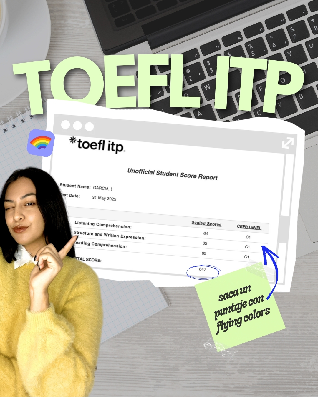 ¡Nuestra alumna alcanzó nivel C1 en el TOEFL ITP! 💙 🎉 Así se ven los resultados cuando te preparas con estrategia, acompañamiento y práctica real.
No se trata solo de contestar bien. Se trata de:
✅ Entender el formato del examen
✅ Dominar estructuras clave
✅ Saber administrar tu tiempo
✅ Sentirte segur@ el día de la prueba
Esto es lo que trabajamos en nuestras sesiones de preparación, y este resultado de una de nuestras alumna lo demuestra 🔥 ¿Tú también estás pensando en certificar tu inglés pero no sabes por dónde empezar?
🎁 De regalito: un descargable con un Pack de Estrategias para el Examen. ¡Comenta la palabra “TOEFL” y te lo envío right away!
#TOEFLITP #ExamenInglés #EnglishWithBaker #CertificaciónInglés #toefl #inglés