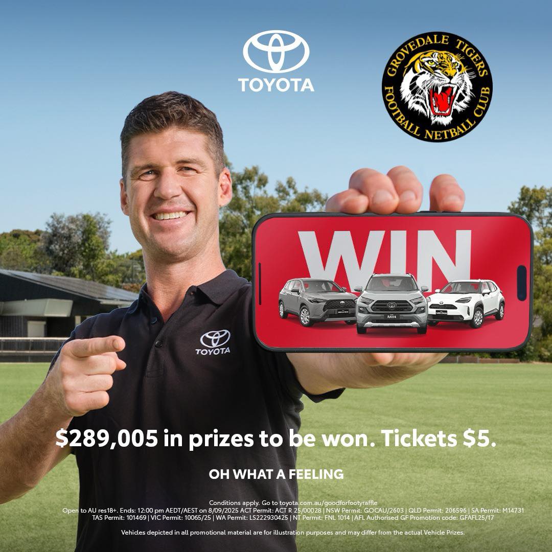 🐯Support Grovedale Tigers FNC and Win Big🚗
We’re part of the Toyota Good For Footy Raffle 2025! Buy a ticket today for just $5 and be in the running to win some amazing prizes, including a brand new car! Plus every dollar raised goes directly back to our club! Get your tickets at https://toyotagoodforfooty.raffletix.com.au/grovedaletigers
This is a great fundraiser for our club - let's get behind it 💛🖤