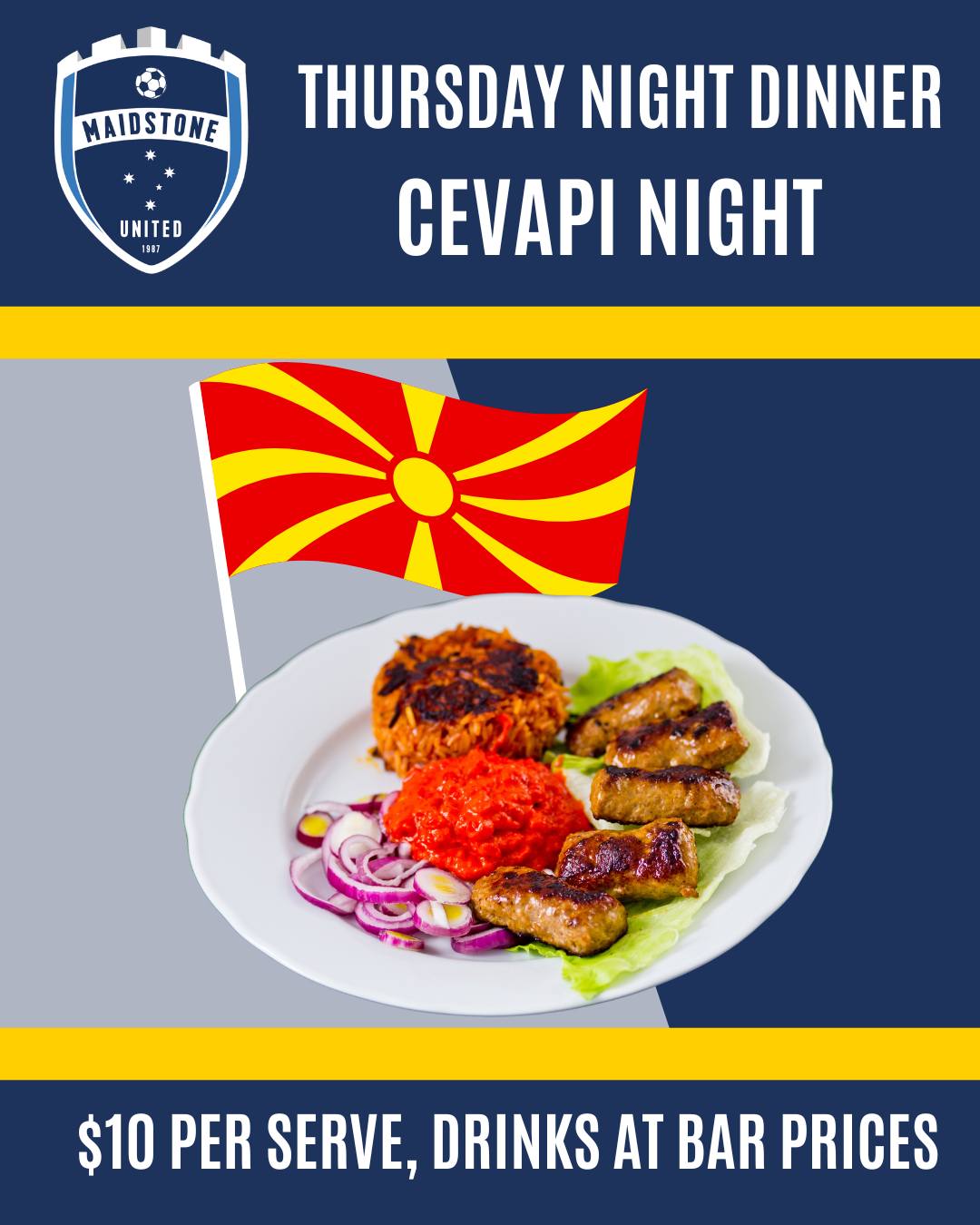 This Thursday we're serving cevapi! 🇲🇰
Stay back after training to have a plate of this delicious Balkan dish!
