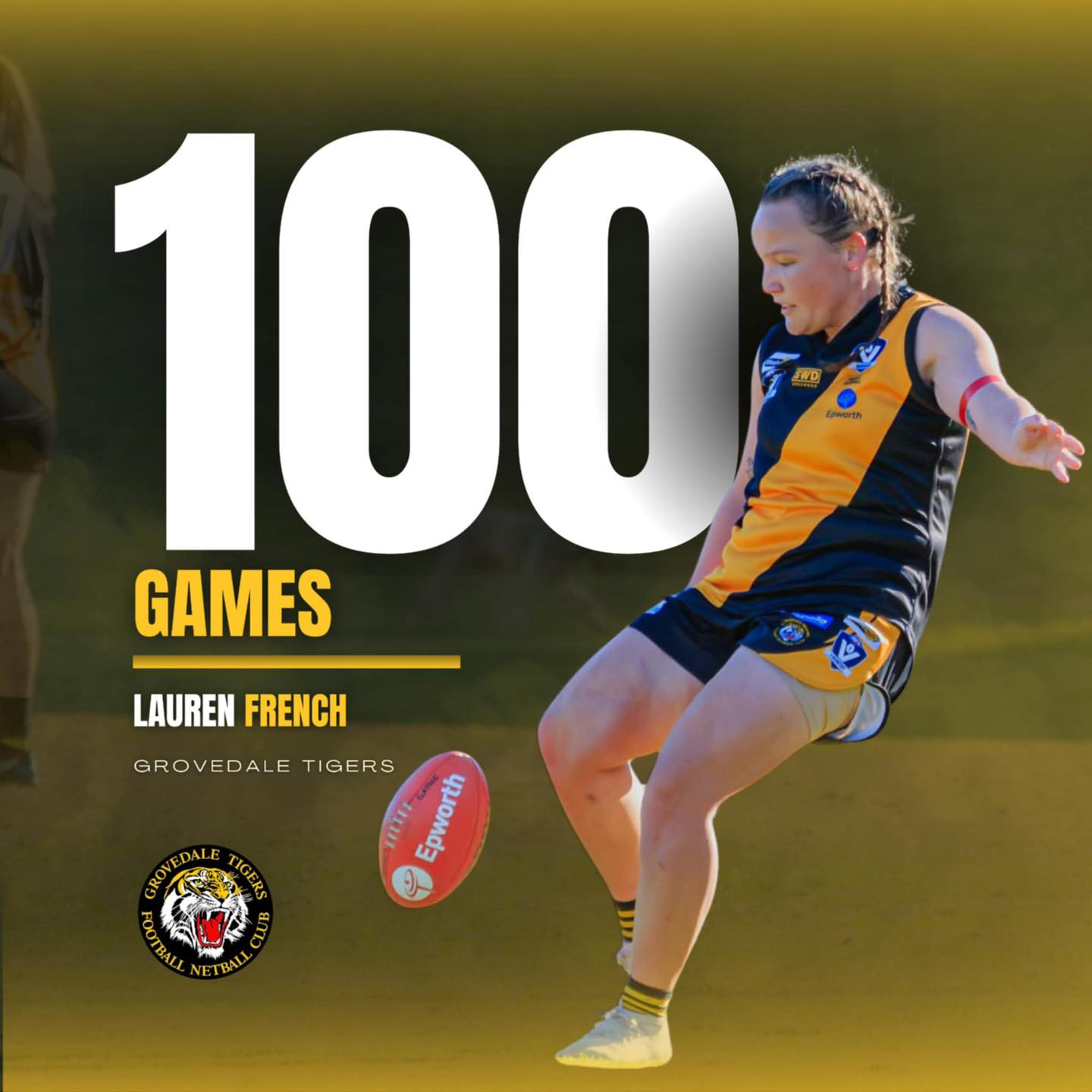 Congratulations to Lauren French who this Saturday will become our first Senior Women's player to reach 100 senior football games for the Grovedale Tigers 🐯
A member of our inaugural Senior Women's team, Lauren is well known for her fearless attack on the ball. Her dedication, talent and passion for the game is a huge inspiration 💪
Congratulations Lauren on this fantastic achievement 💛🖤
