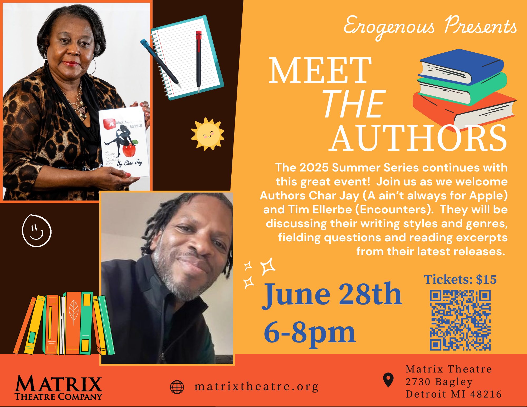 Erogenous @erogenous_music Presents: Meet the Authors at Matrix Theatre Company!
Join us on June 28th from 6–8PM as we welcome authors Char Jay (A Ain’t Always for Apple) and Tim Ellerbe (Encounters) for an engaging evening of literary insight, live readings, and audience Q&A.
Hear about their writing styles and genres!
Listen to powerful excerpts from their latest releases!
Ask questions and connect with fellow book lovers!
📍 Matrix Theatre – 2730 Bagley, Detroit, MI
🎟 Tickets: $15 — Follow LINK in BIO
Presented by Erogenous as part of our 2025 Summer Series
#MeetTheAuthors #CharJay #TimEllerbe #MatrixTheatreCompany #DetroitAuthors #BookLoversEvent #LiveLiterature #DetroitEvents #SouthwestDetroit