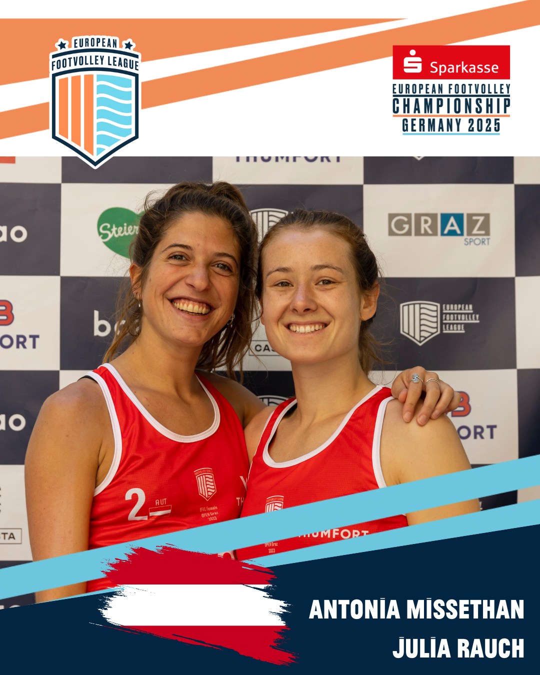 These are our teams for the European Footvolley Championship, taking place from Friday, 27 June to Sunday, 29 June 2025!
Say hello to AUT 2: Antonia Missethan & Julia Rauch🔥