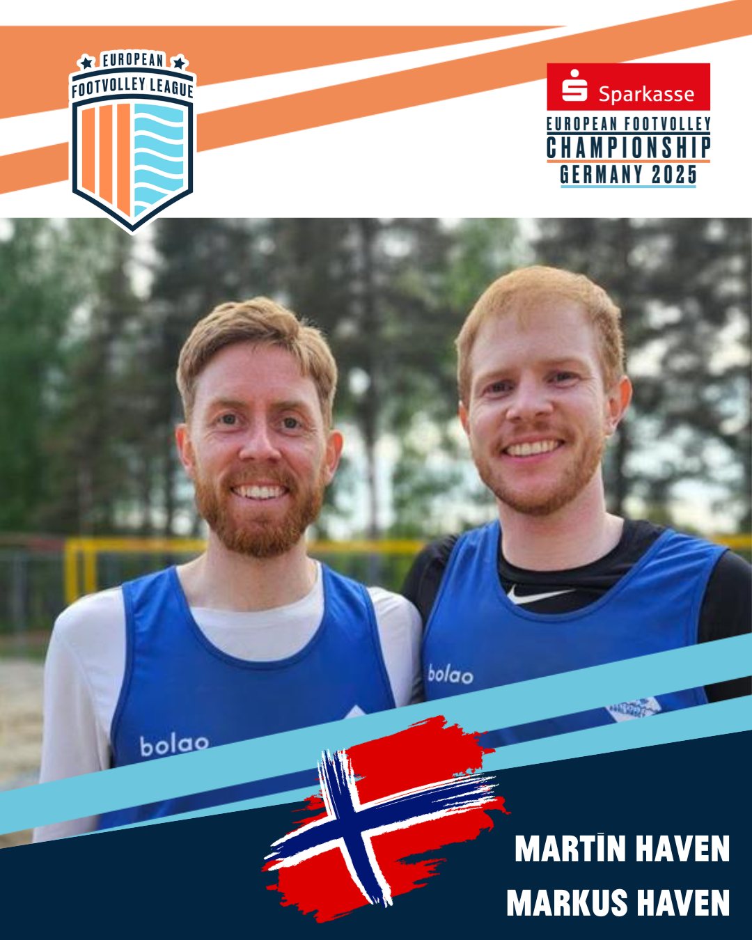 These are our teams for the European Footvolley Championship, taking place from Friday, 27 June to Sunday, 29 June 2025!
Watch out for NOR 1: Martin Haven & Markus Haven🔥