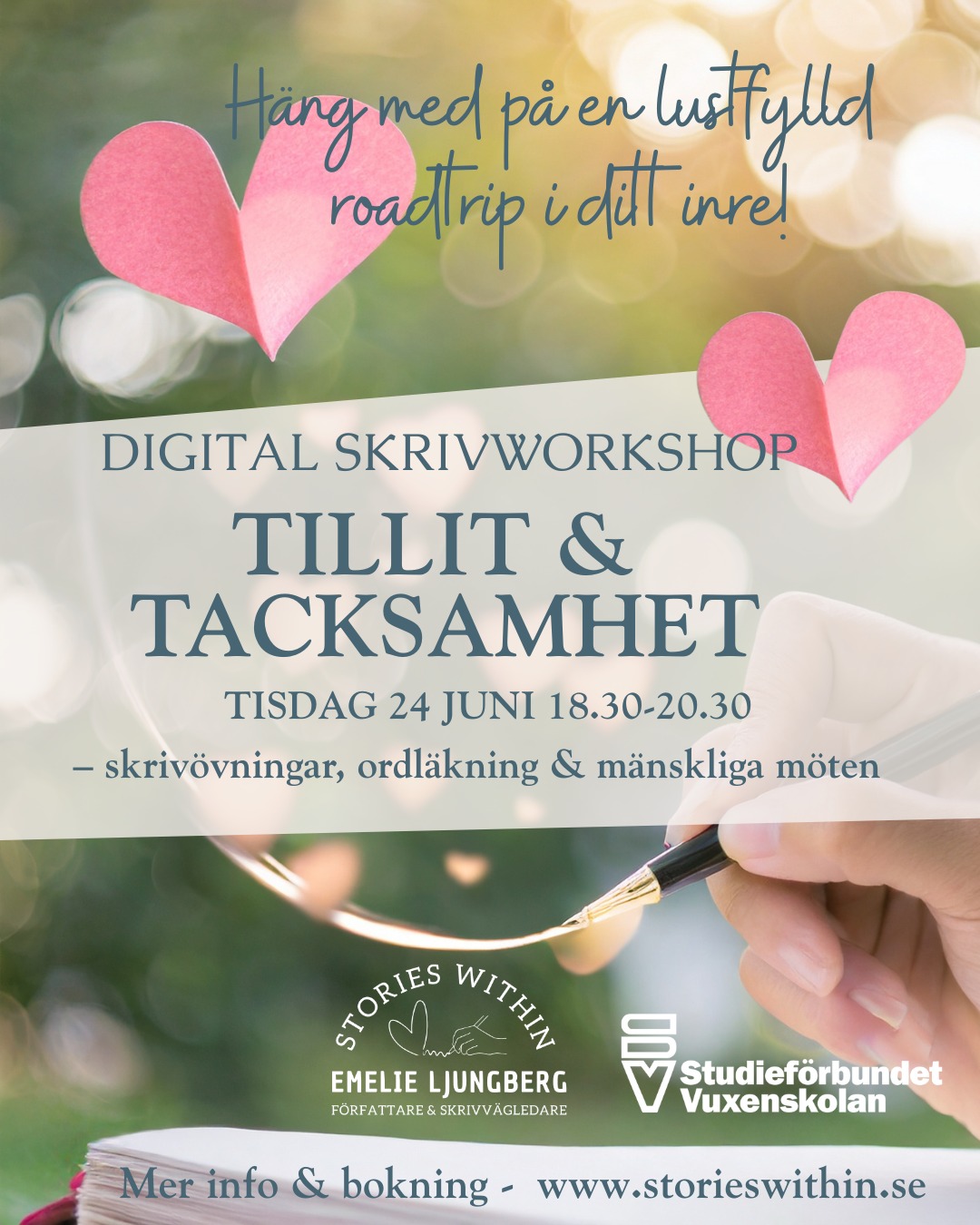 Vad innebär tacksamhet för dig? Vad kan du känna tacksamhet över denna midsommardag?
För mig handlar tacksamhet om att för en stund skifta fokus från stress, rädsla, oro och mörker till det som är ljust i tillvaron. Till de små ljuspunkter som alltid finns, hur små de än ibland kan tyckas. Marianne Williamson säger ”Du kan bara bli av med mörkret genom att tända ljuset”. Tacksamhet är ett sätt att tända ljuset.
Tacksamheten pausar alla negativa tankar och känslor, skiftar ditt fokus och förändrar kemin i din kropp, vilket påverkar ditt mående positivt.
I den digitala skrivworkshopen tisdag 24 juni kl.18.30 får du med hjälp av expressivt skrivande, läkande ord och samtal kring den digitala lägerelden stanna upp och nyfiket lyssna inåt och utforska vad tillit och tacksamhet betyder för dig.
Välkommen på en lustfylld roadtrip i ditt inre! Inga förkunskaper behövs, bara papper och penna och ett öppet och nyfiket sinne.
⏱ När? Tisdag 24 juni kl.18.30-20.30
📍Var? Digitalt via Teams
✍️Hur? Skrivövningar, ordläkning och samtal
💸Pris? 250 kr
För mer information och anmälan se linkinbio @storieswithin.se
#storieswithin #läkandeskrivande #expressivtskrivande #reflekterandeskrivande #skrivworkshop #skrivkurs #skrivarkurs #tacksamhet #tillit #trygghet #lyssnainåt #ordläkning