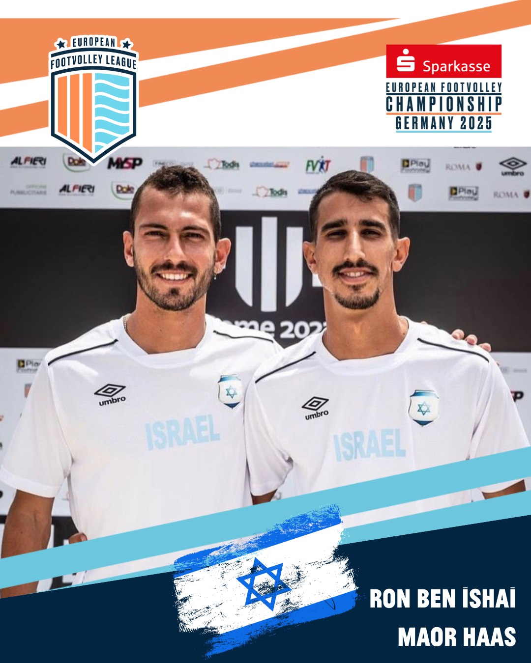 These are our teams for the European Footvolley Championship, taking place from Friday, 27 June to Sunday, 29 June 2025!
Watch out for ISR 1: Ron Ben Ishai & Maor Haas🔥