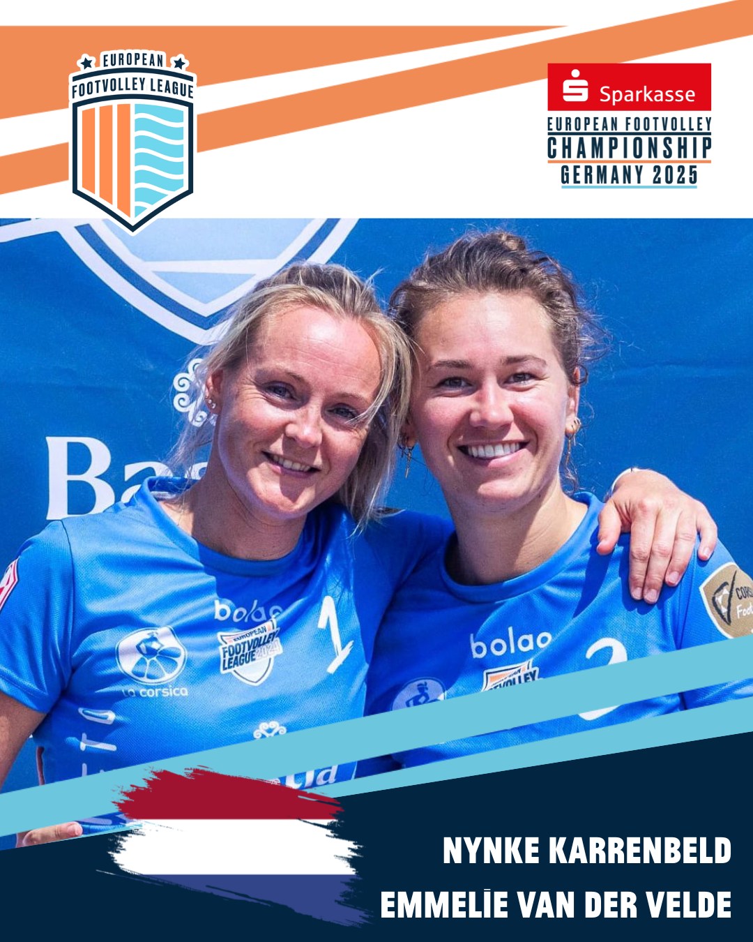 These are our teams for the European Footvolley Championship, taking place from Friday, 27 June to Sunday, 29 June 2025!
Say hello to NLD: Nynke Karrenbeld & Emmelie van der Velde🔥