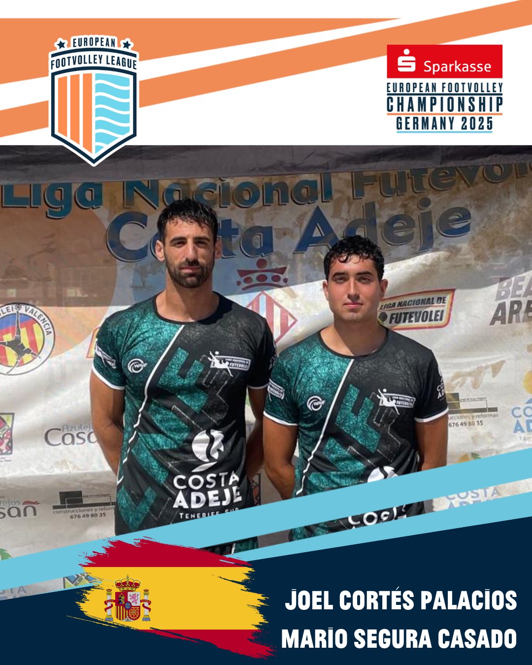 These are our teams for the European Footvolley Championship, taking place from Friday, 27 June to Sunday, 29 June 2025!
Say hello to ESP: Joel Cortés Palacios & Mario Segura Casado🔥