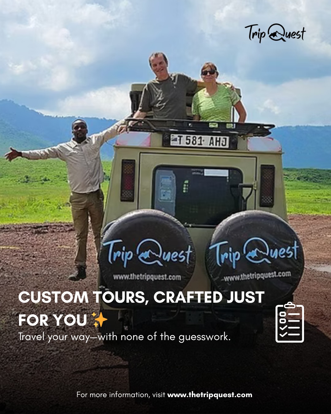 📍Where do you want to go—and how do you want to do it?
With Trip Quest, every journey is tailored to your style, schedule, and budget. Whether you're after a romantic escape, a family adventure, or a solo soul-search, we’ll craft it all just for you.
✅ Personalized itineraries
✅ Handpicked stays & activities
✅ Local insight, real support
🎯 Get your FREE custom quote today and let the planning begin!
📩 DM us or click the link in bio.
#TripQuestTailored #CustomTravel #ExploreArusha #TripQuest #wildAfrica #safariadventure #africatravel #africatour #KenyaSafari #NgorongoroSafari #WildlifeAdventures #TanzaniaTravel