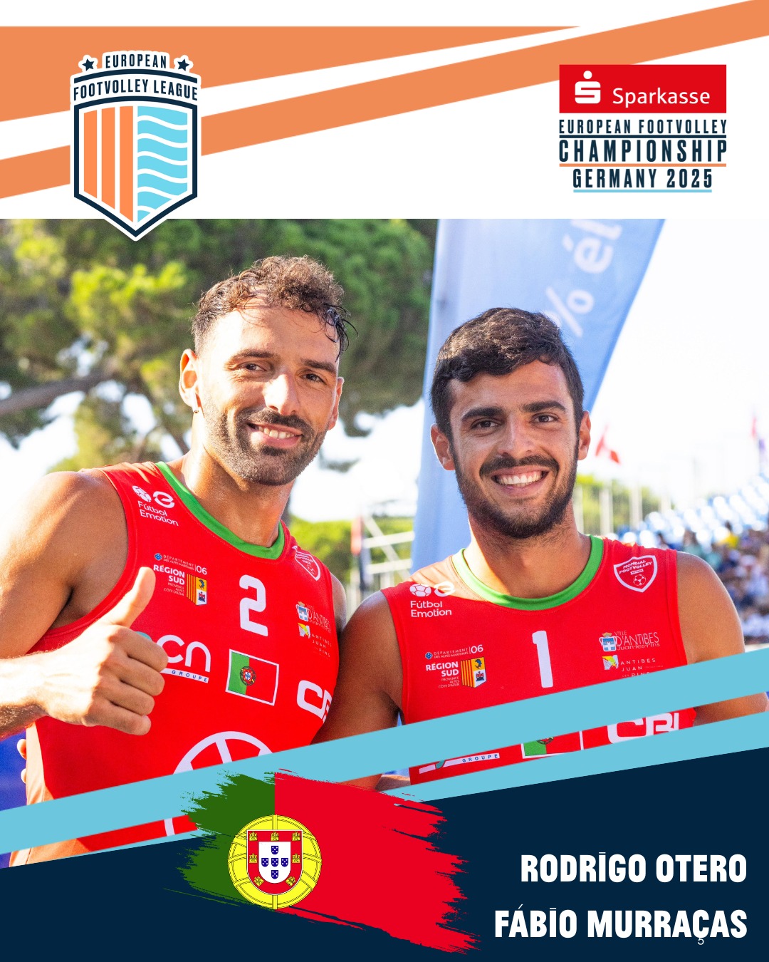These are our teams for the European Footvolley Championship, taking place from Friday, 27 June to Sunday, 29 June 2025!
Here comes POR 1: Rodrigo Otero & Fábio Murraças🔥