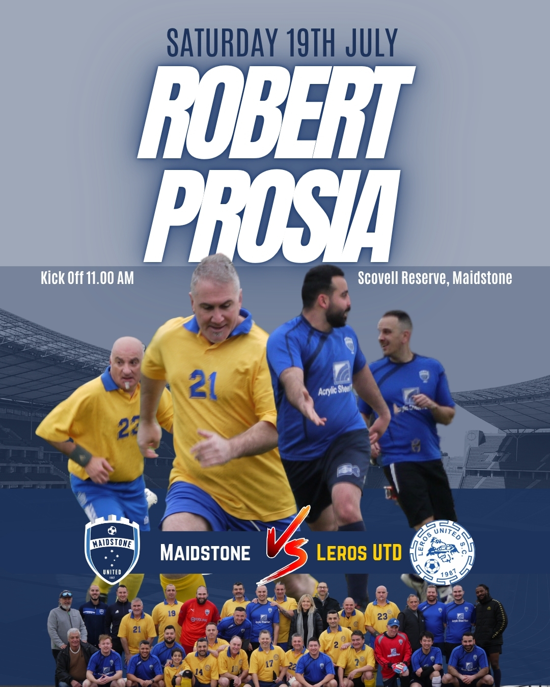 🏆 Annual Robert Prosia Past Players Match 🏆
Calling all past players! Dust off your boots and join us for a fun-filled day of football at the Annual Robert Prosia Past Players Match. Whether you’ve been away for a season or a decade, everyone is welcome!
⚽ Keen to play? Register your interest by sending us a DM or emailing info@maidstoneutd.com.au.
Let’s relive the glory days and make some new memories! See you on the pitch! ⚽🔥
#MaidstoneUnited #PastPlayers #FootballFamily #GameOn